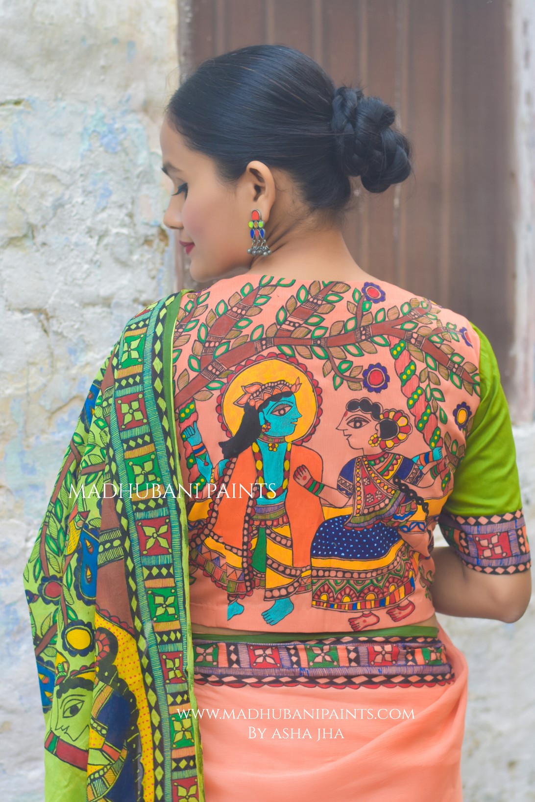 Radha Raman Prem Manjari Hand-painted Madhubani Chiffon Saree Blouse Set
