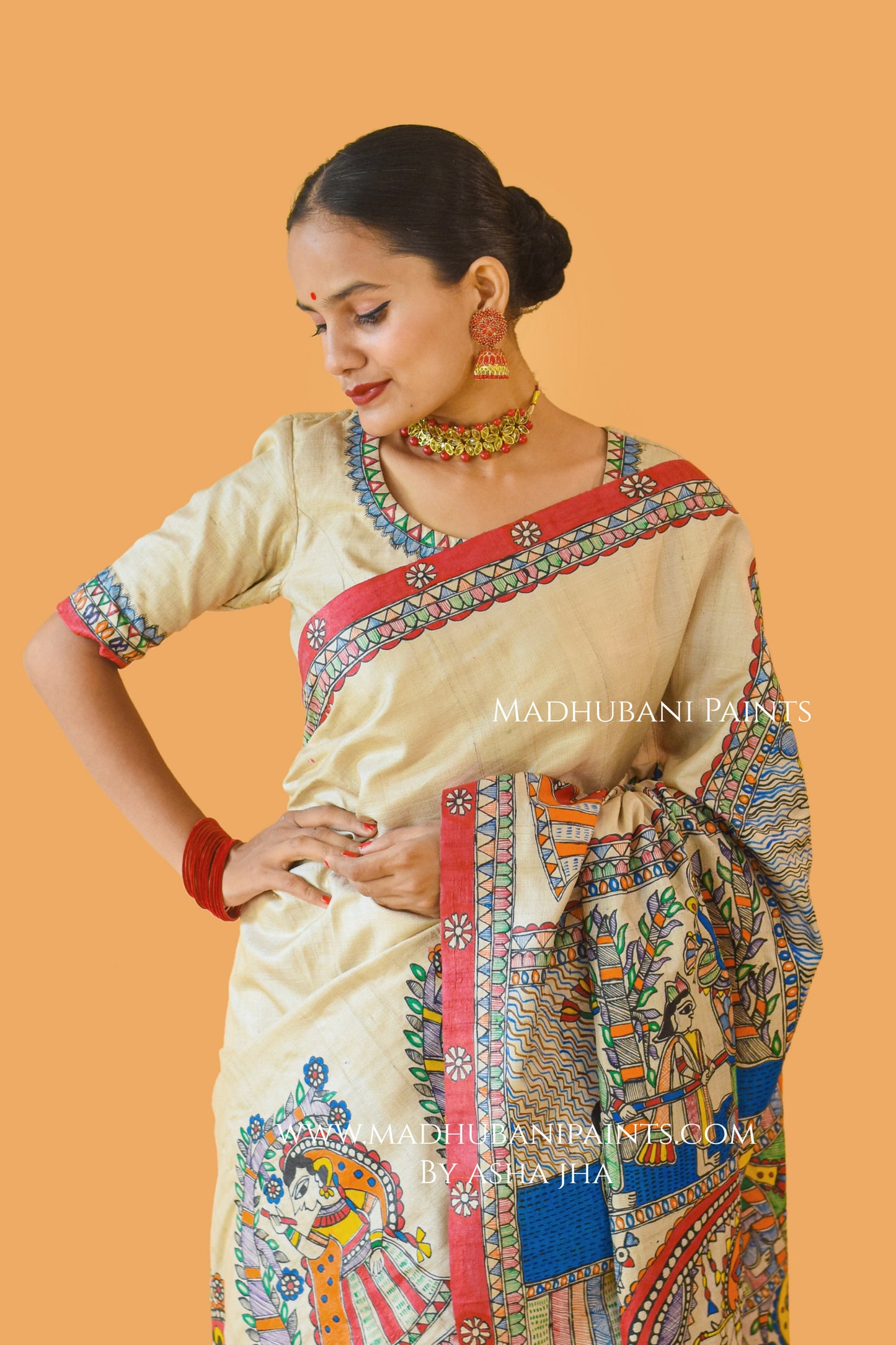 NARAYAN AVATAR Hand-painted Madhubani Tussar Silk Saree Blouse Set