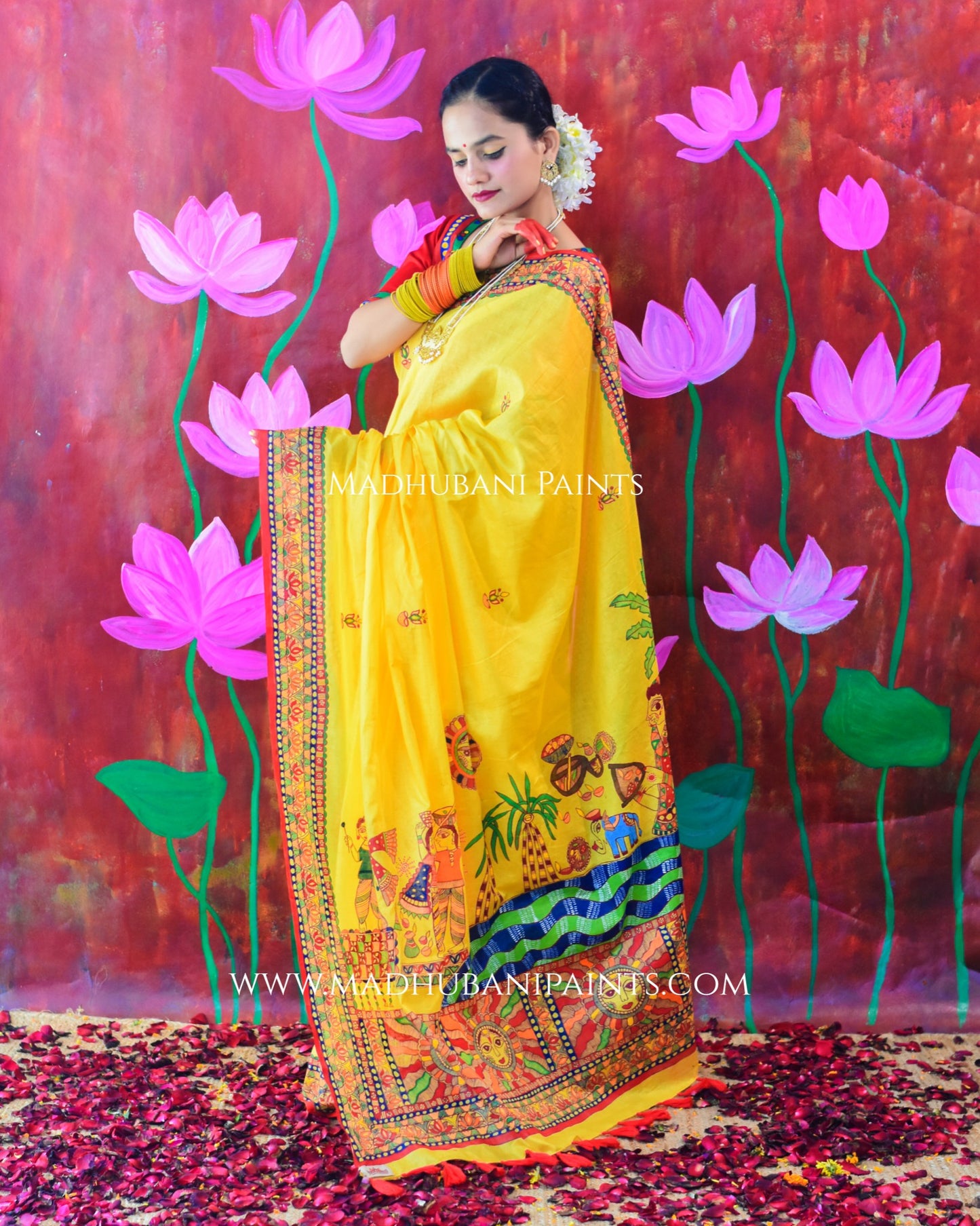 SURYA KIRAN Chhath Puja Hand painted Madhubani Mul Cotton Saree Blouse Set