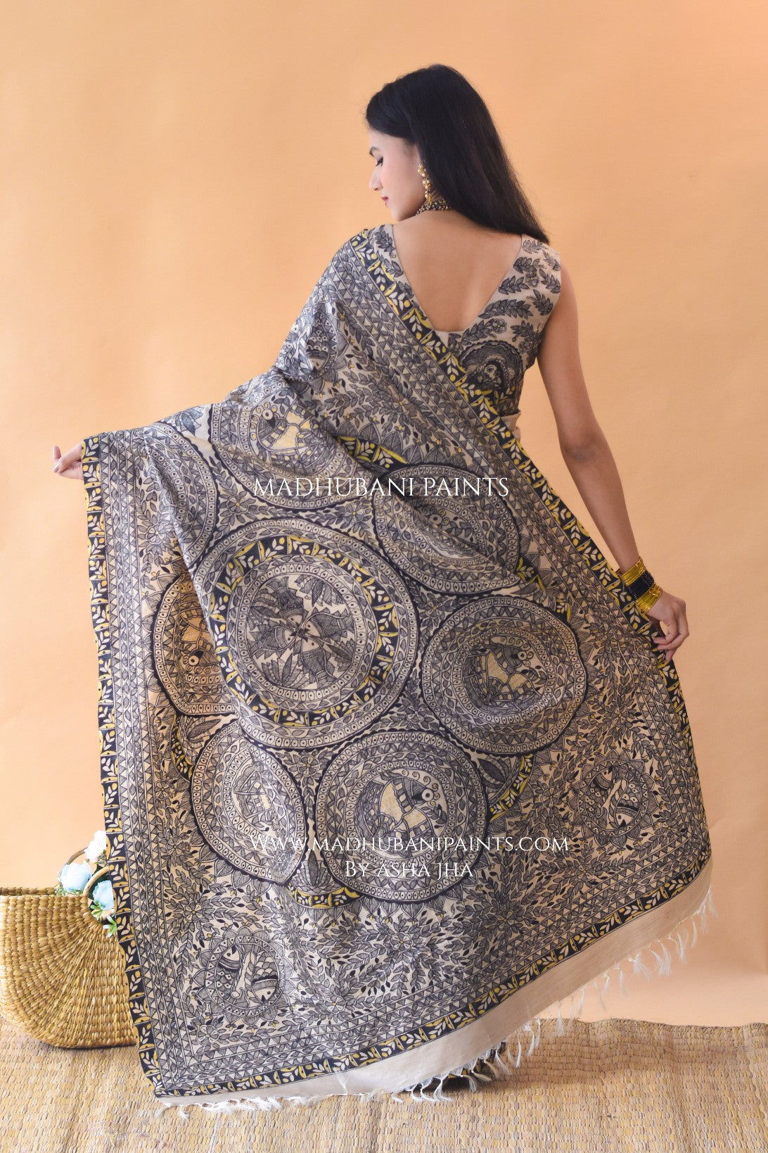 MITHILA KI MORNI Handpainted Madhubani Saree Blouse Set
