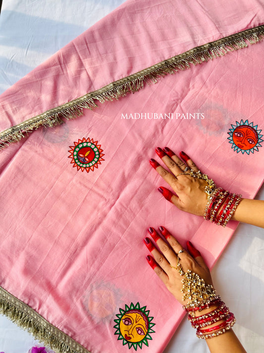 PINK SURYA Chhath Puja Handpainted Madhubani Cotton Saree