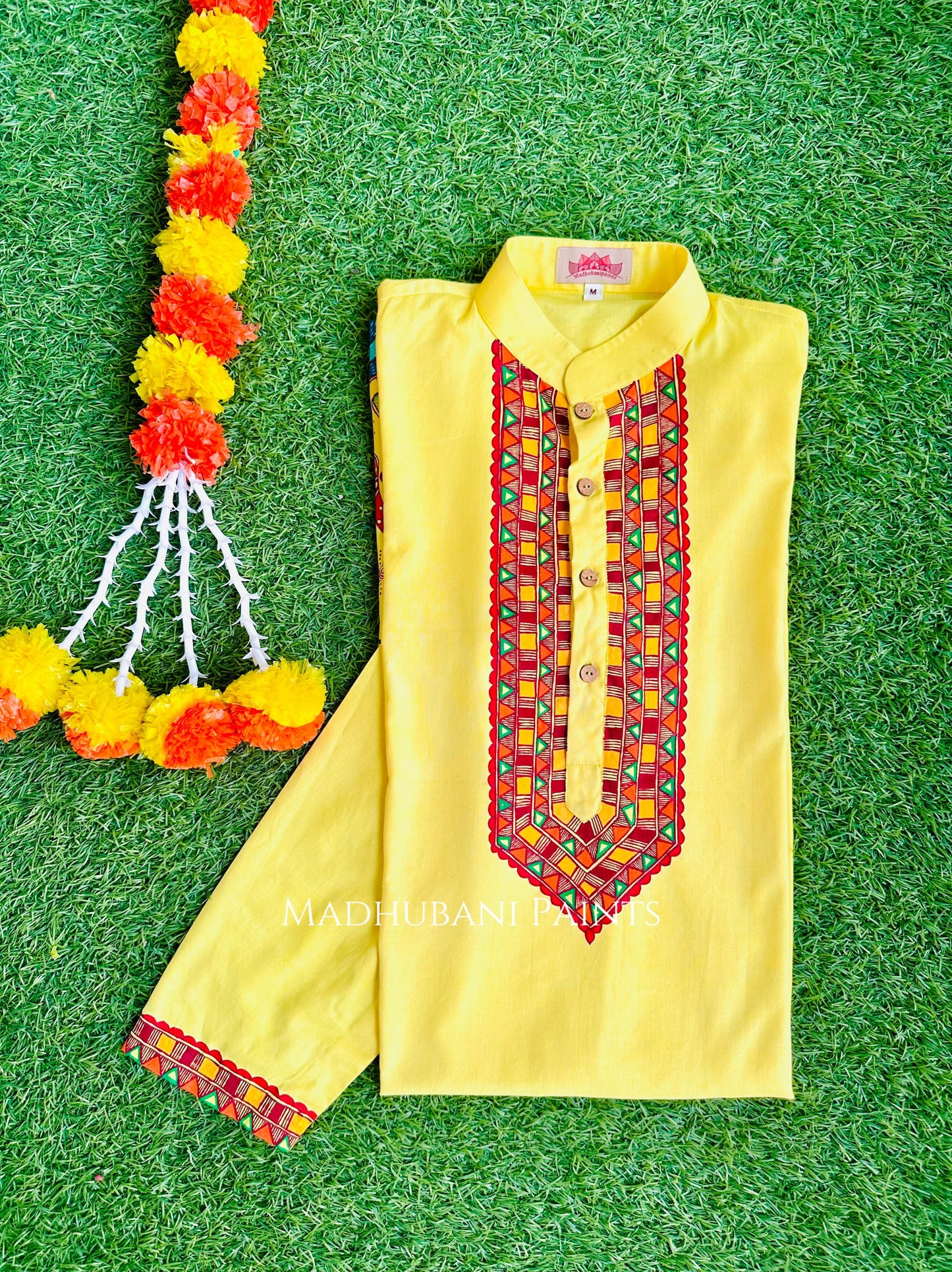 Yellow Chhath Puja Hand-painted Madhubani Men's Cotton Kurta
