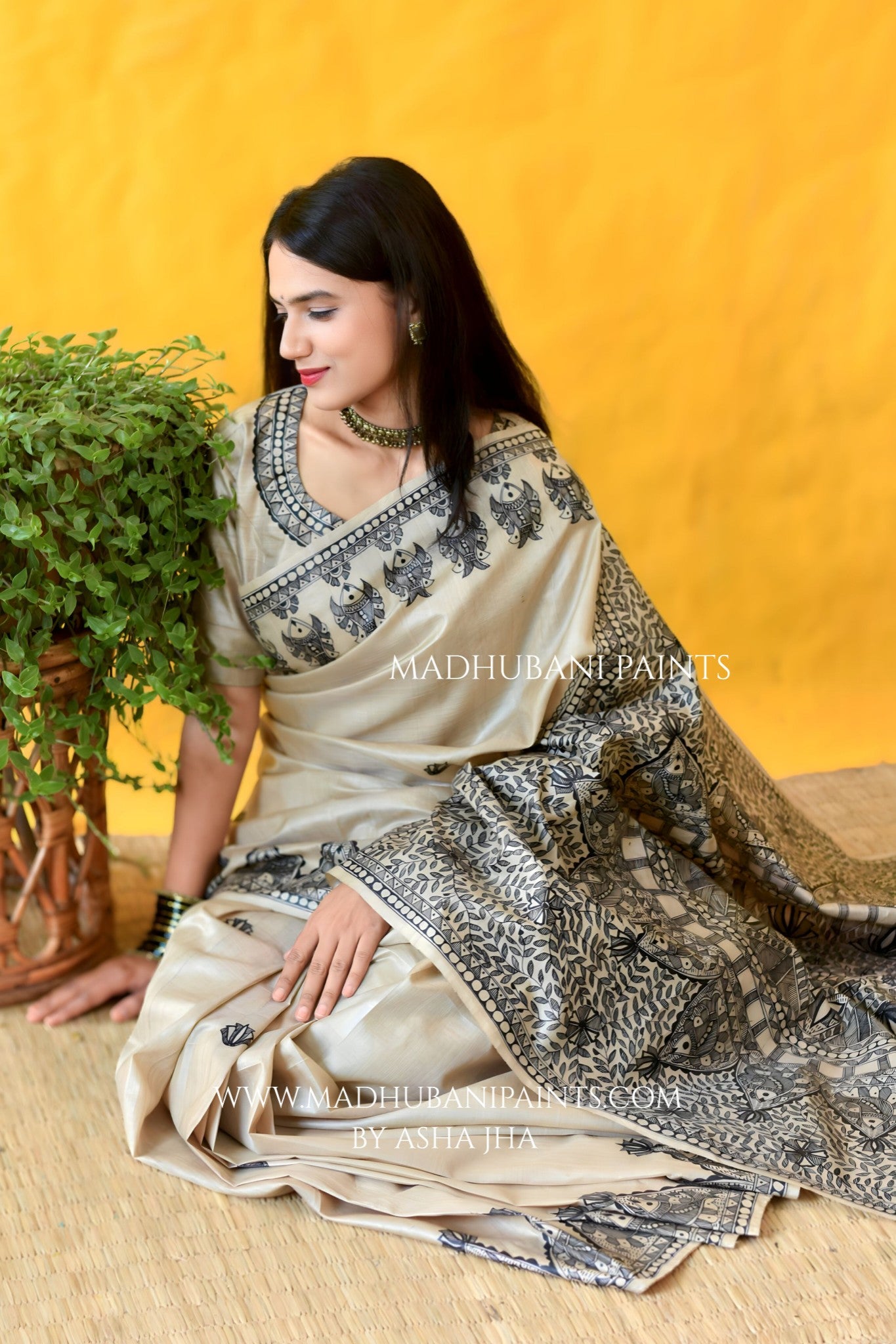 KAMAL MANDALI Hand-painted Madhubani Tussar Silk Saree Blouse Set