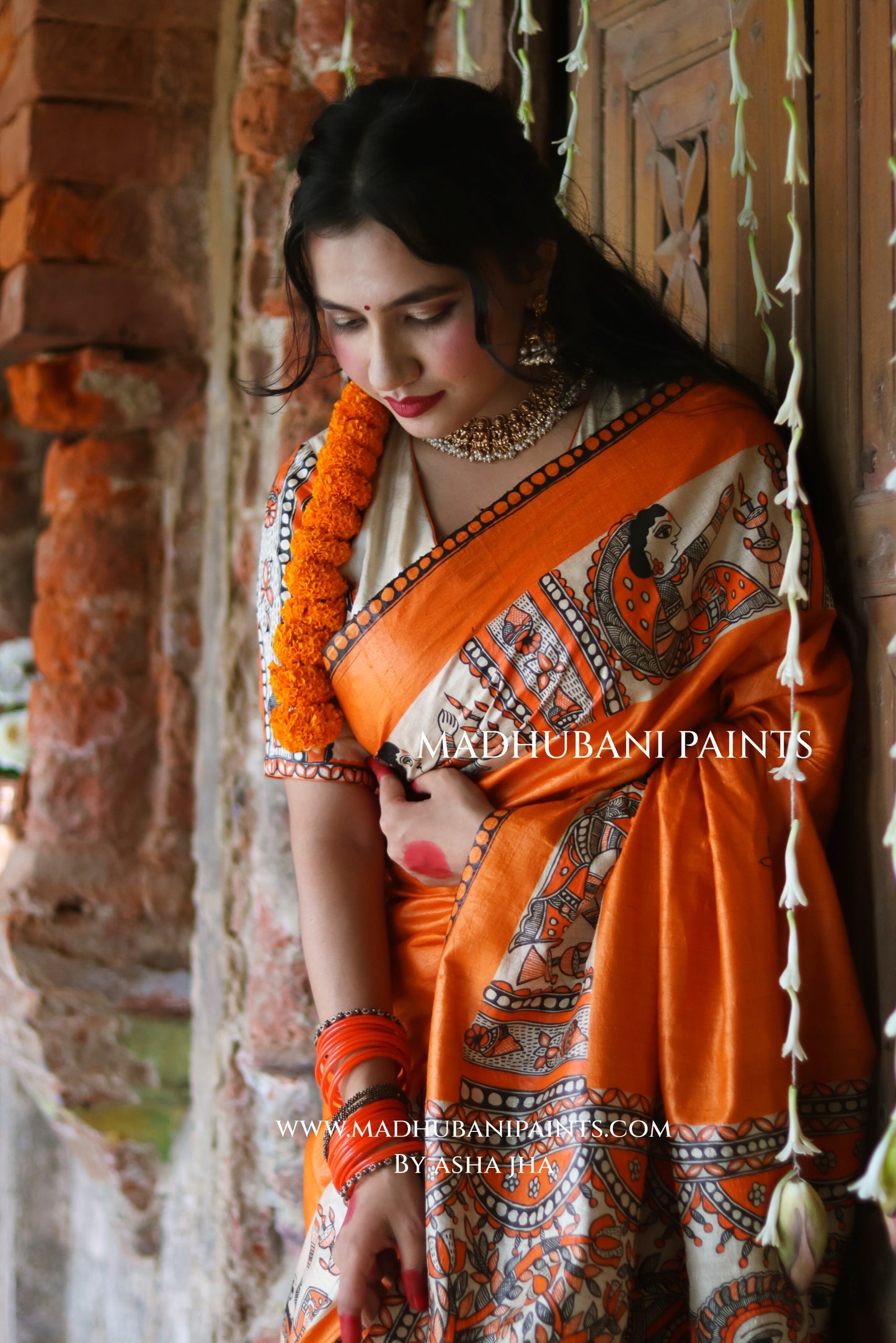 KESARIYA NAINTARA Handpainted Tussar Silk Madhubani Saree Blouse Set