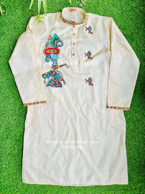 Krishna's Mor Paankh Boota Hand-painted Madhubani Men's Tussar Silk Kurta