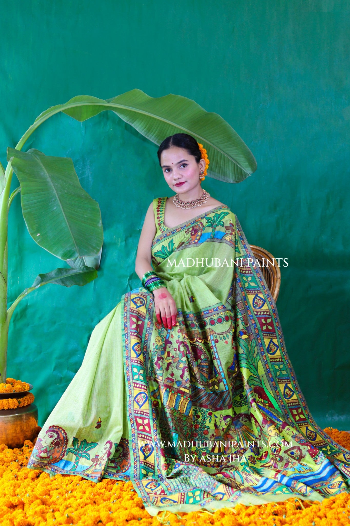HARIYALI CHHATH Handpainted Madhubani Chanderi Saree Blouse Set
