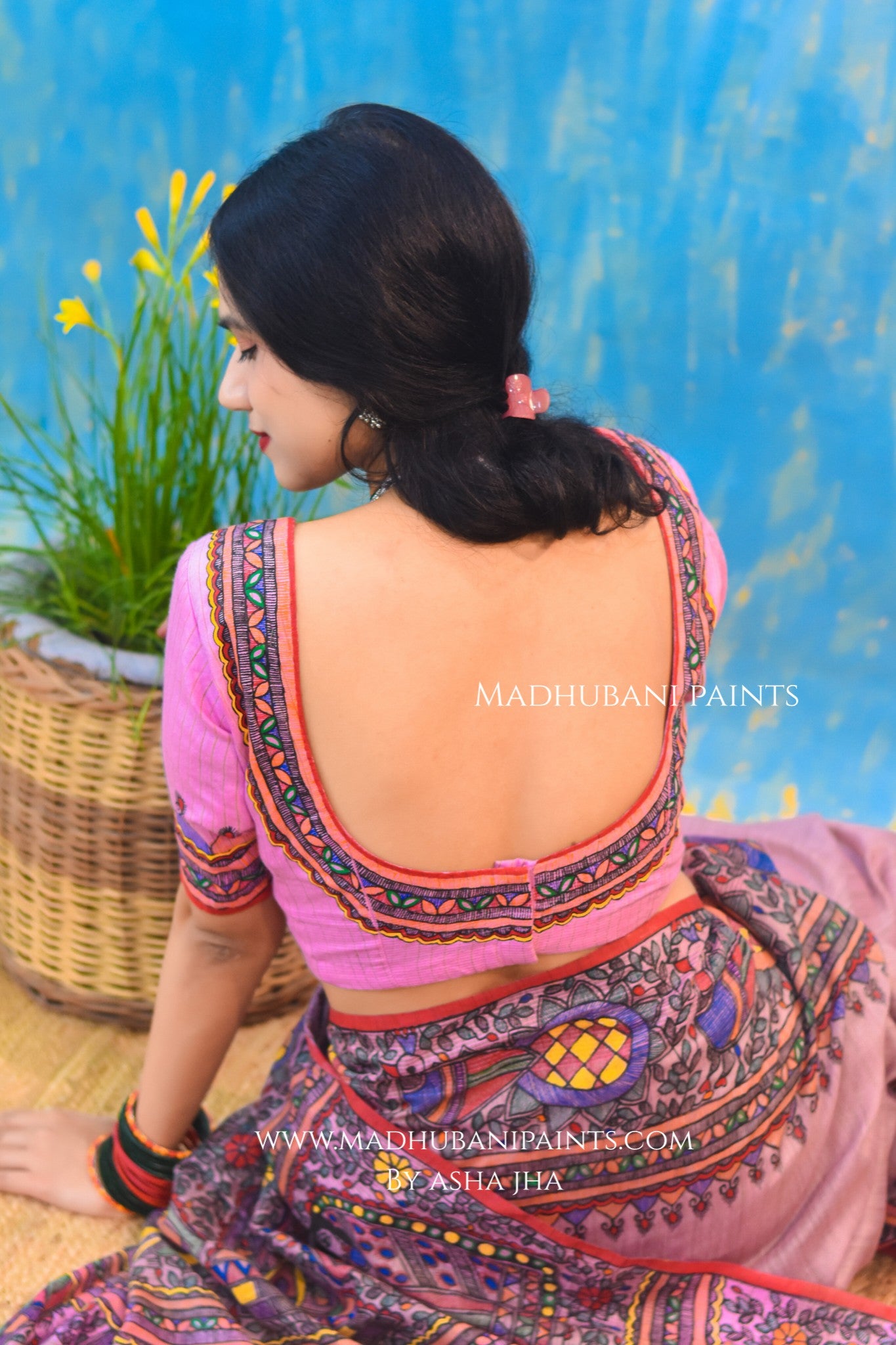 "Gulabi Ramayan" Hand-painted Madhubani Chanderi Saree Blouse Set