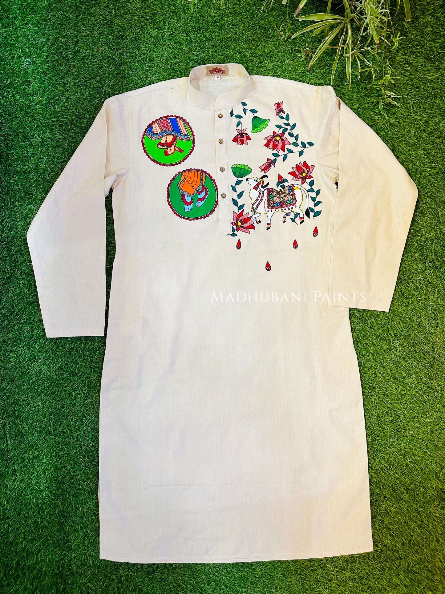 Radha Raman Nandi Hand-painted Handloom Men's Beige Cotton Kurta