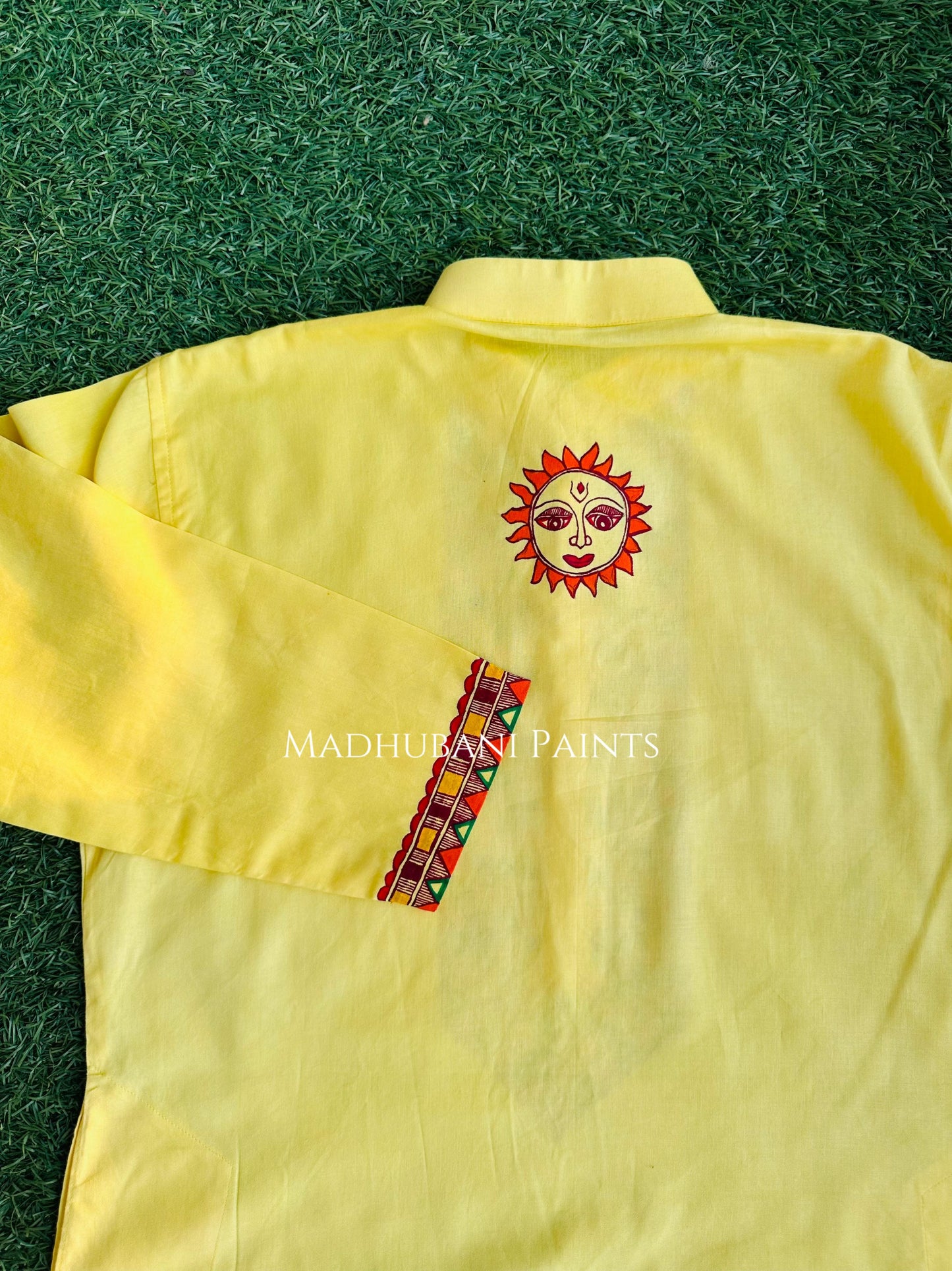 Yellow Chhath Puja Hand-painted Madhubani Men's Cotton Kurta