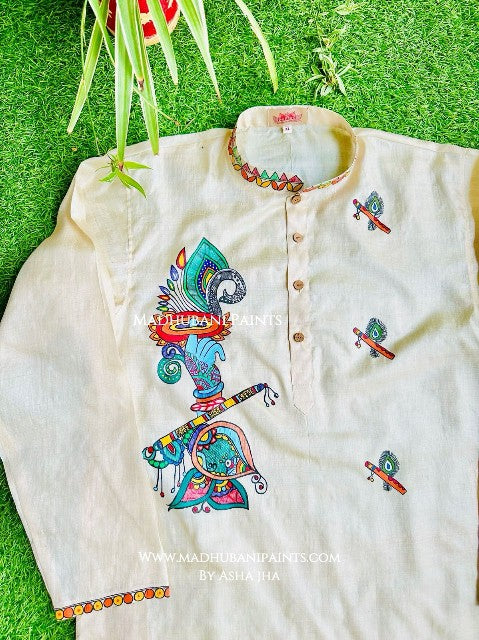 Krishna's Mor Paankh Boota Hand-painted Madhubani Men's Tussar Silk Kurta