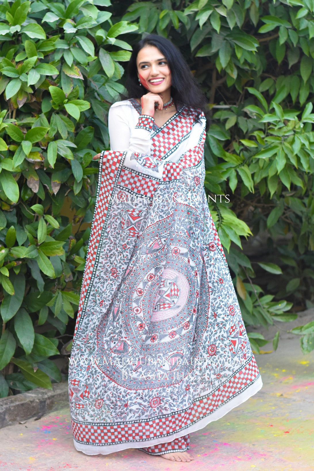 KALRAV Hand-painted Madhubani Georgette Saree Blouse Set