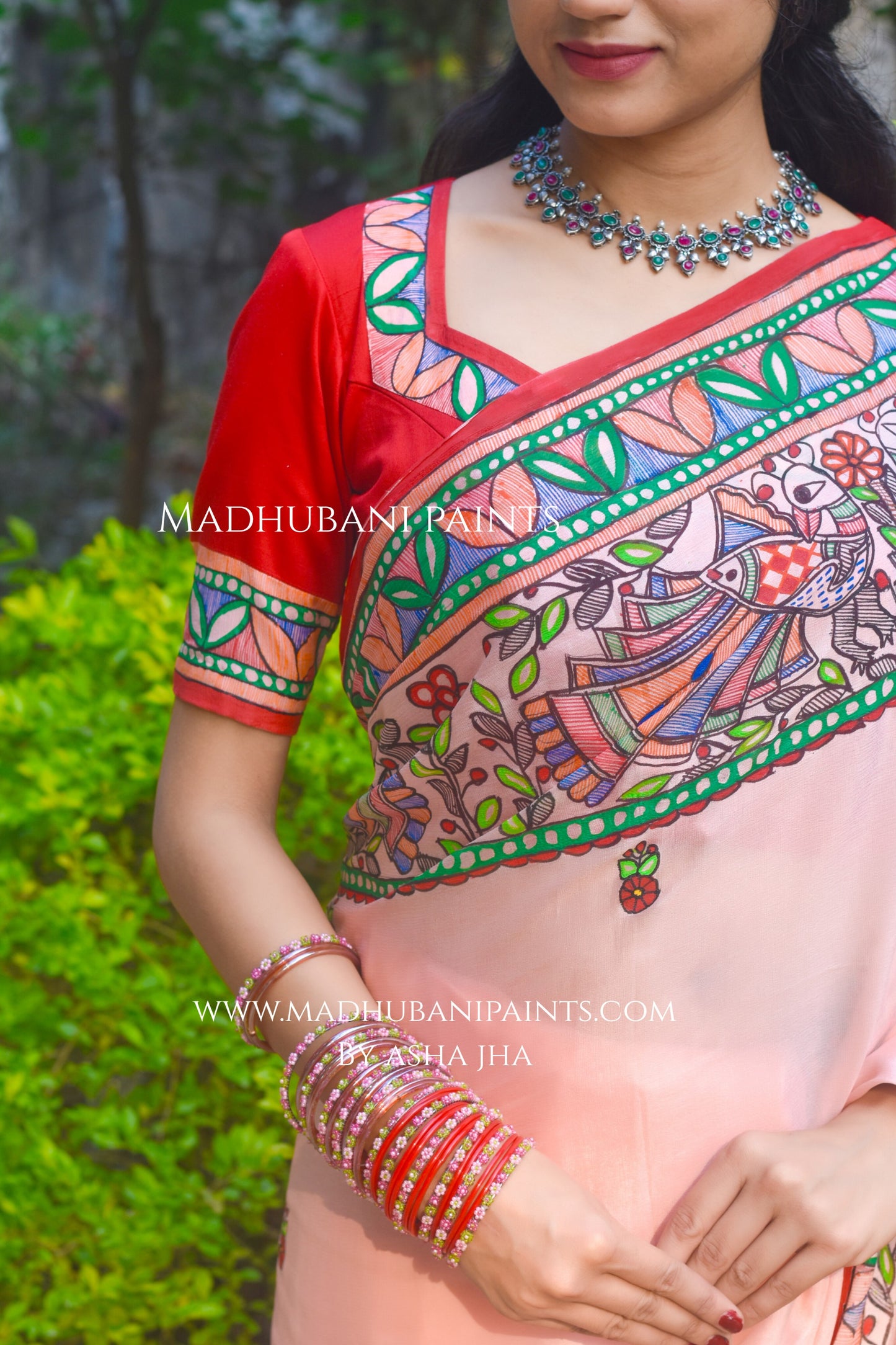 Gulabi Mor Hand-painted Madhubani Chiffon Saree Blouse Set