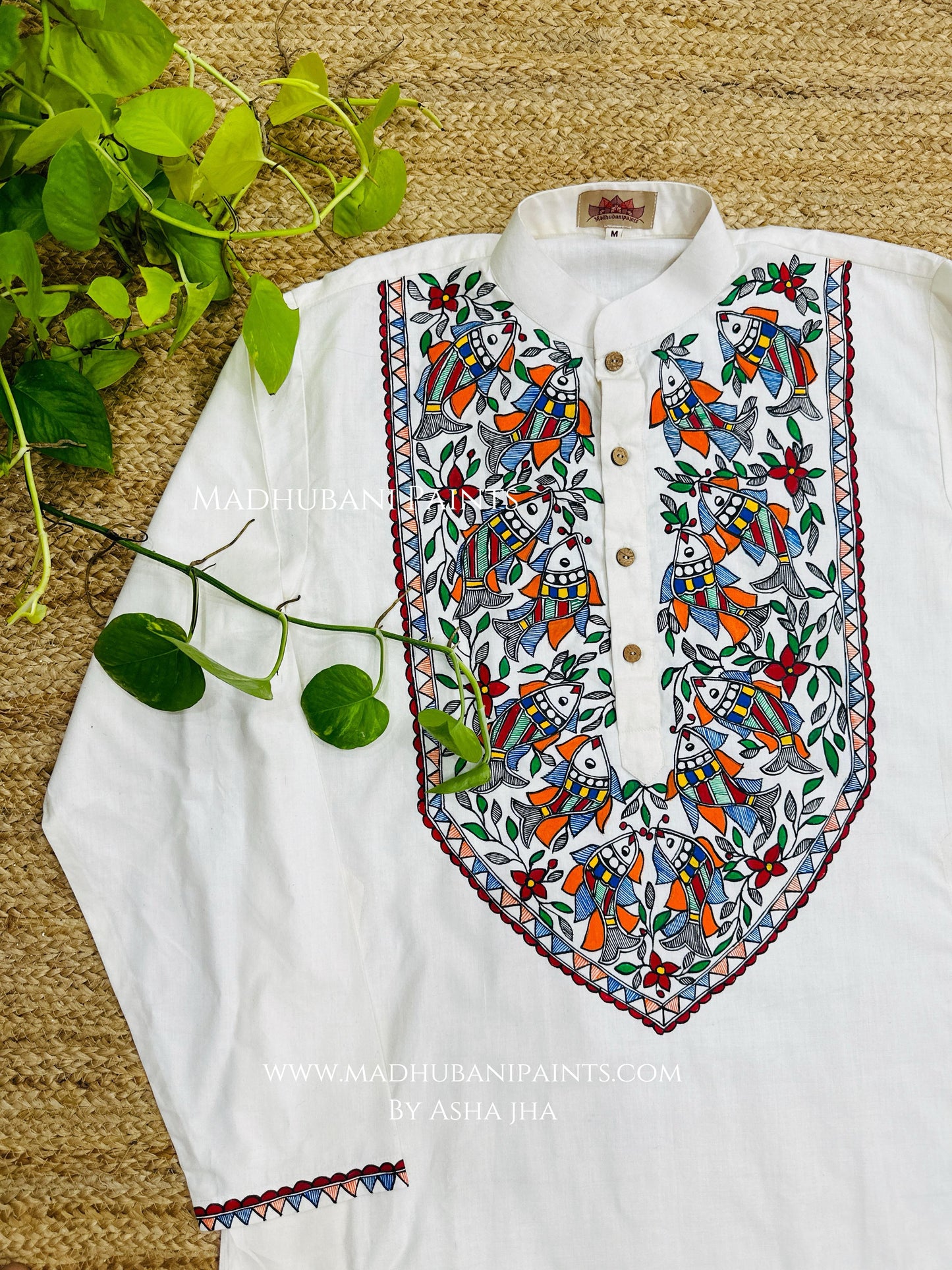 White Multicoloured Fish Hand-painted Handloom Men's Cotton Kurta
