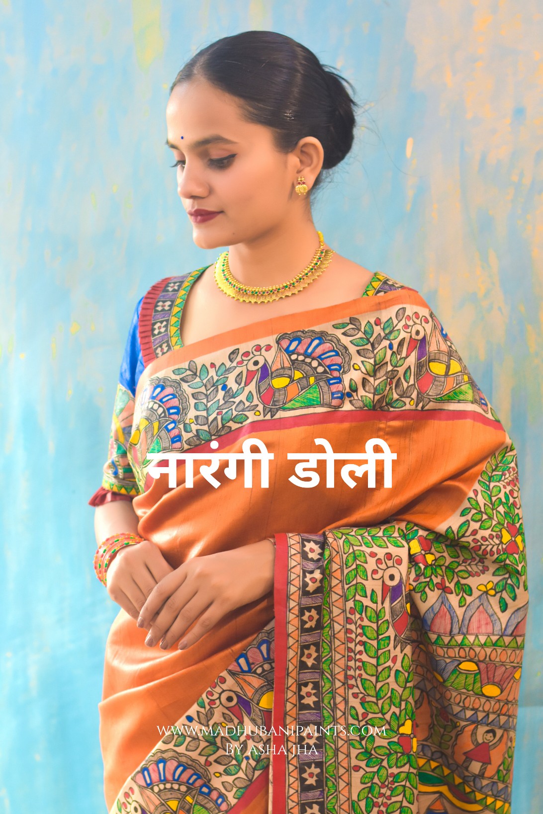 'NARANGI DOLI' Hand Painted Madhubani Tussar Silk Saree