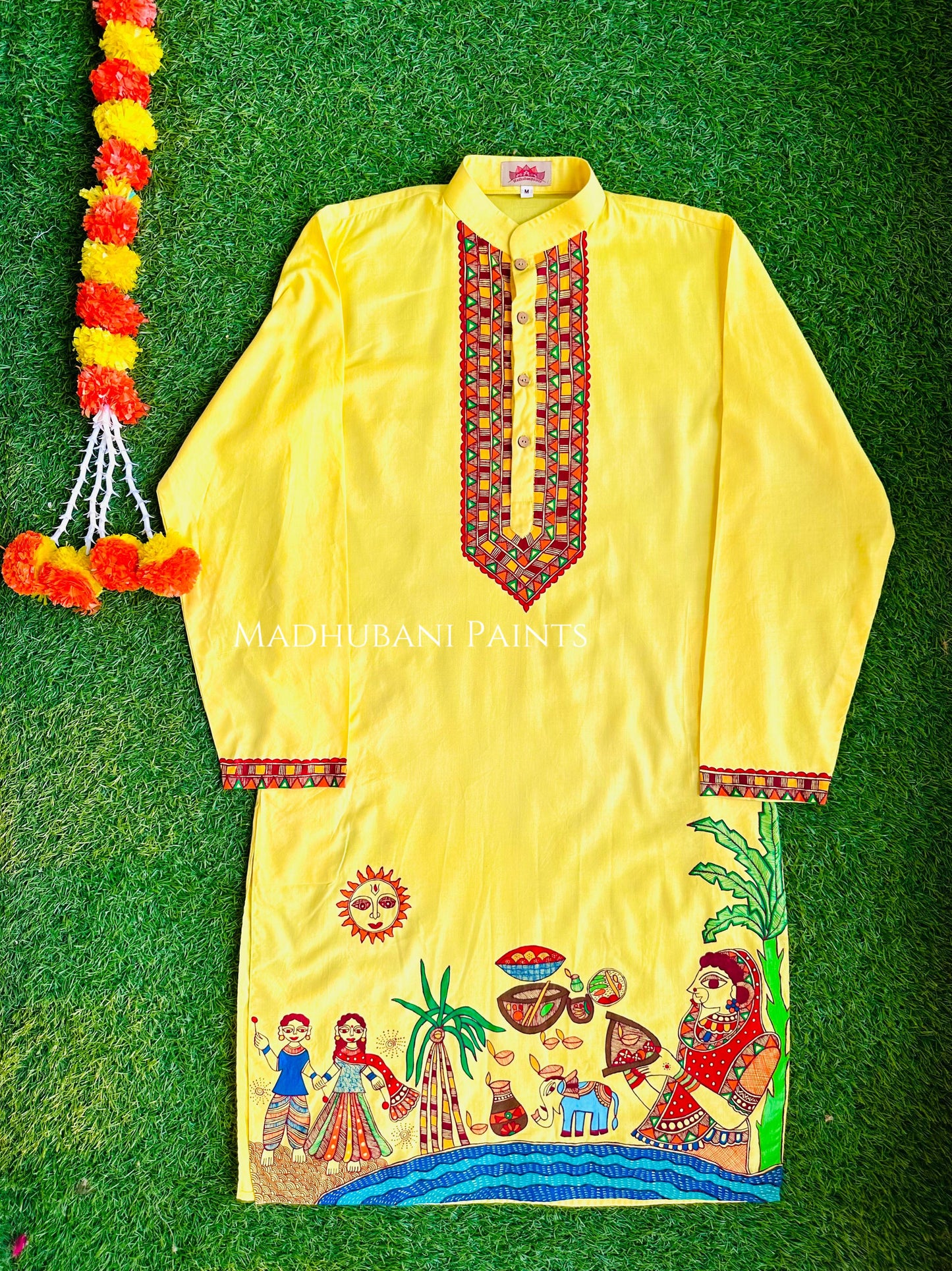 Yellow Chhath Puja Hand-painted Madhubani Men's Cotton Kurta