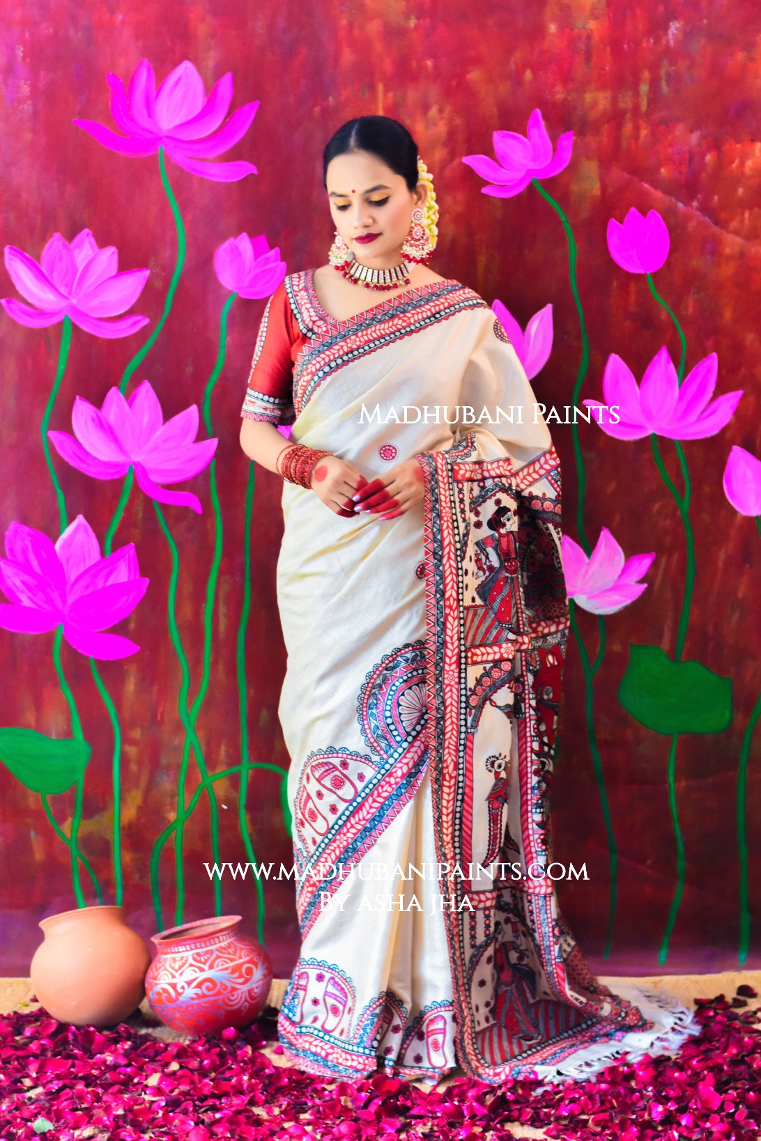 "JAYSHREE" Handpainted Madhubani Tussar Silk saree blouse set