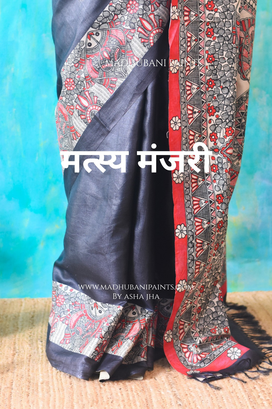 'MATSYA MANJARI' Hand-painted Madhubani Tussar Silk Saree Blouse Set