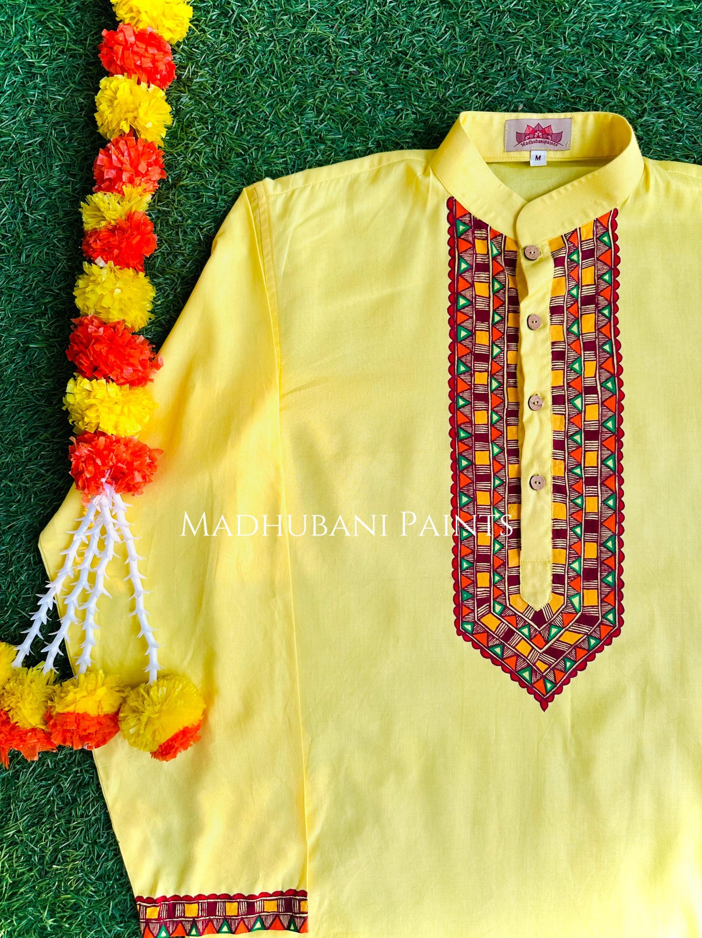 Yellow Chhath Puja Hand-painted Madhubani Men's Cotton Kurta