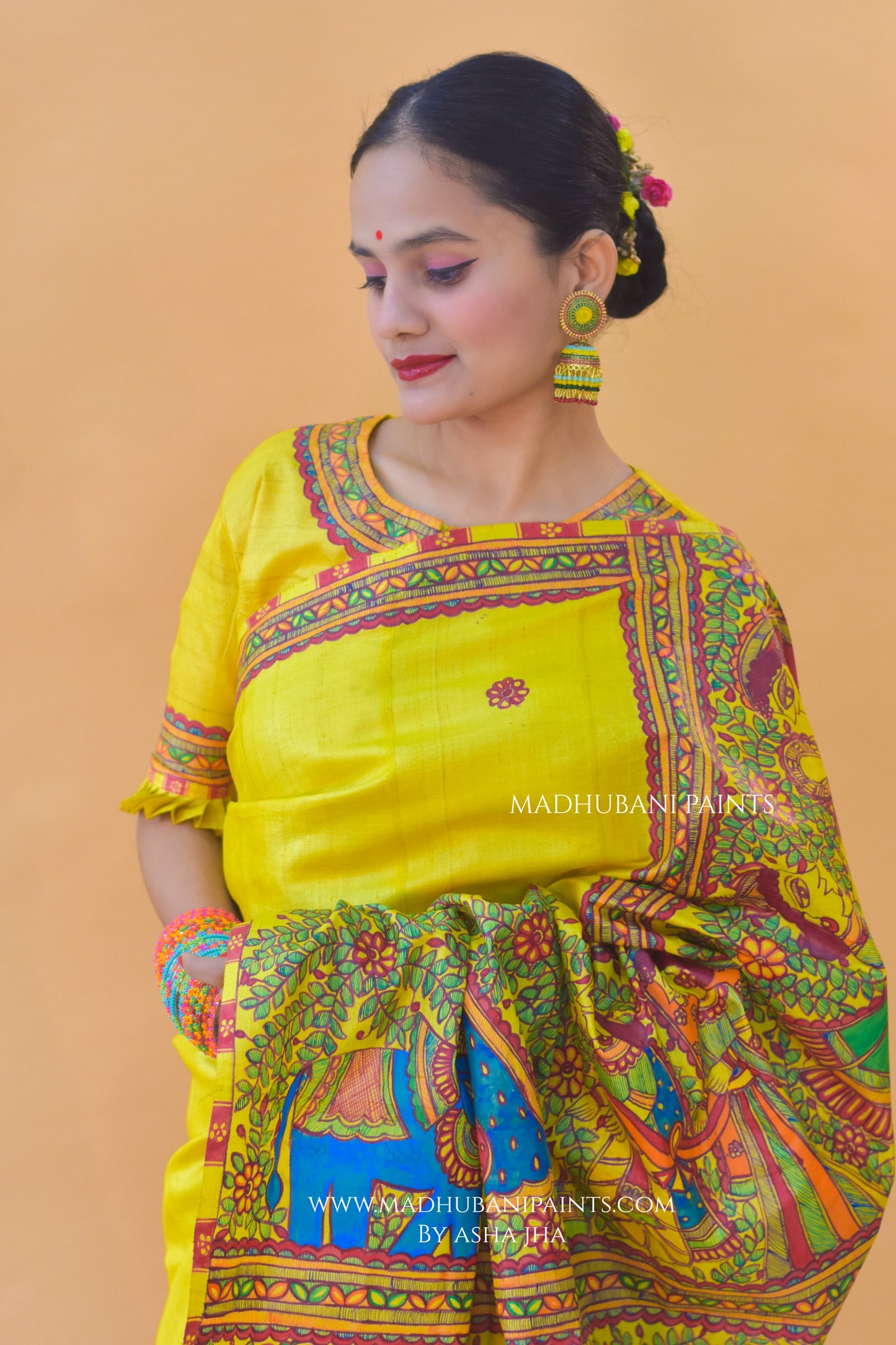 SAUBHAGYAVATI BHAVA Hand-painted Madhubani Tussar Silk Saree Blouse Set