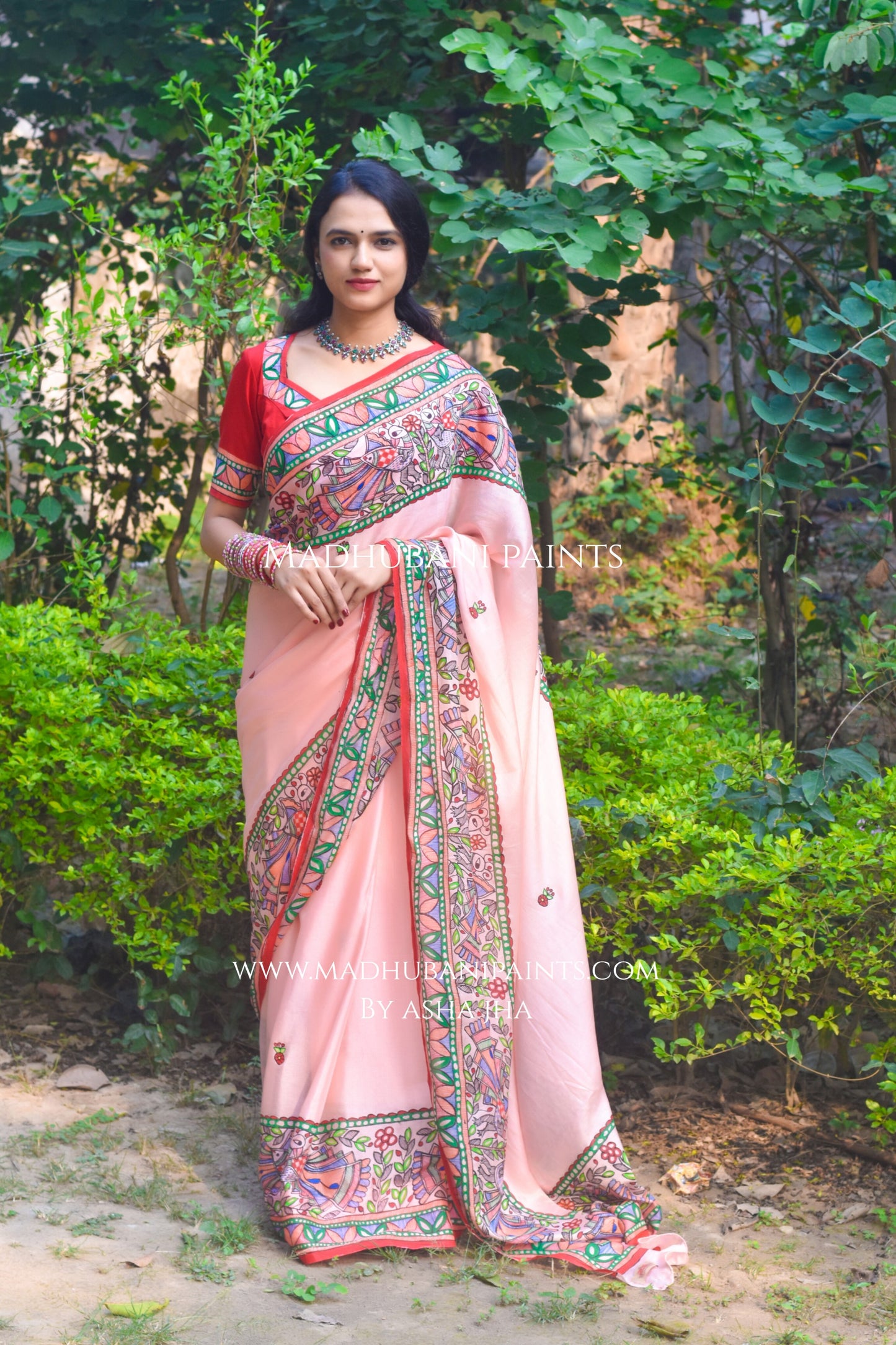 Gulabi Mor Hand-painted Madhubani Chiffon Saree Blouse Set