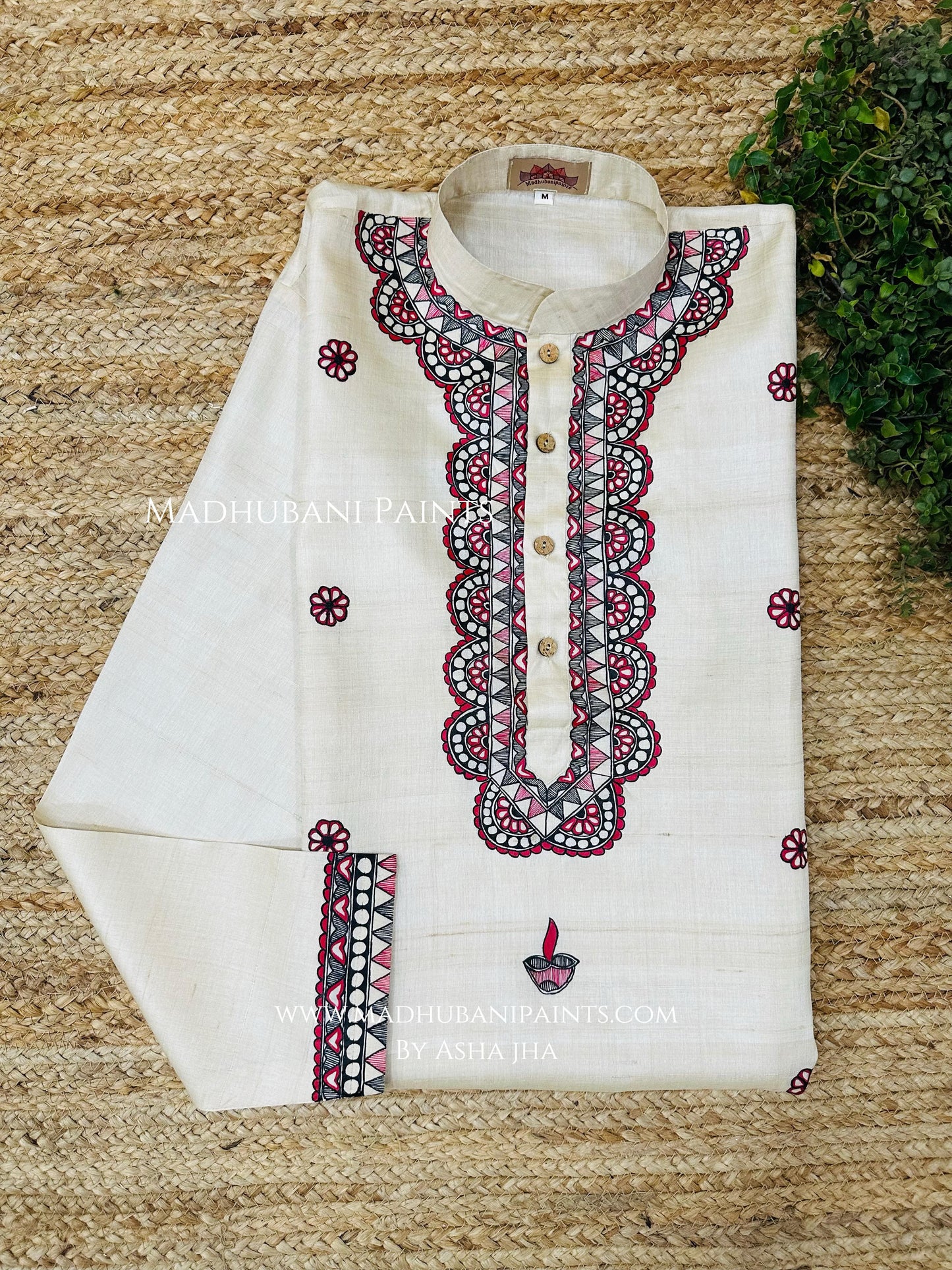 Phool Diya Hand-painted Beige Madhubani Men's Tussar Silk Kurta