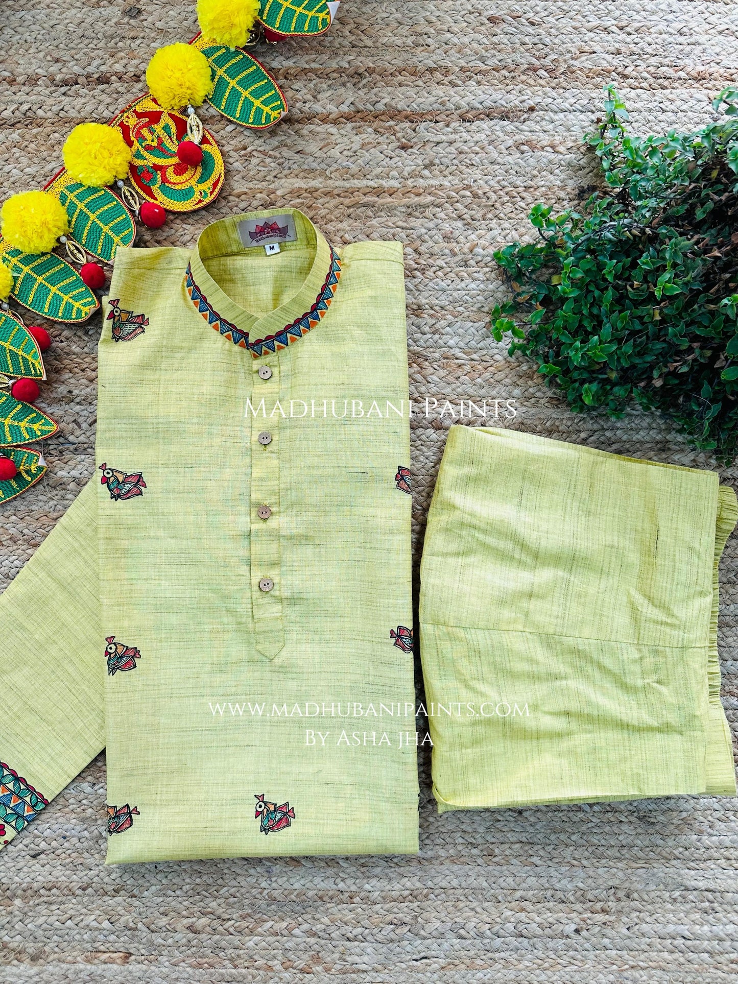 Yellow Mayuri Men’s Hand-painted Handloom Cotton Kurta