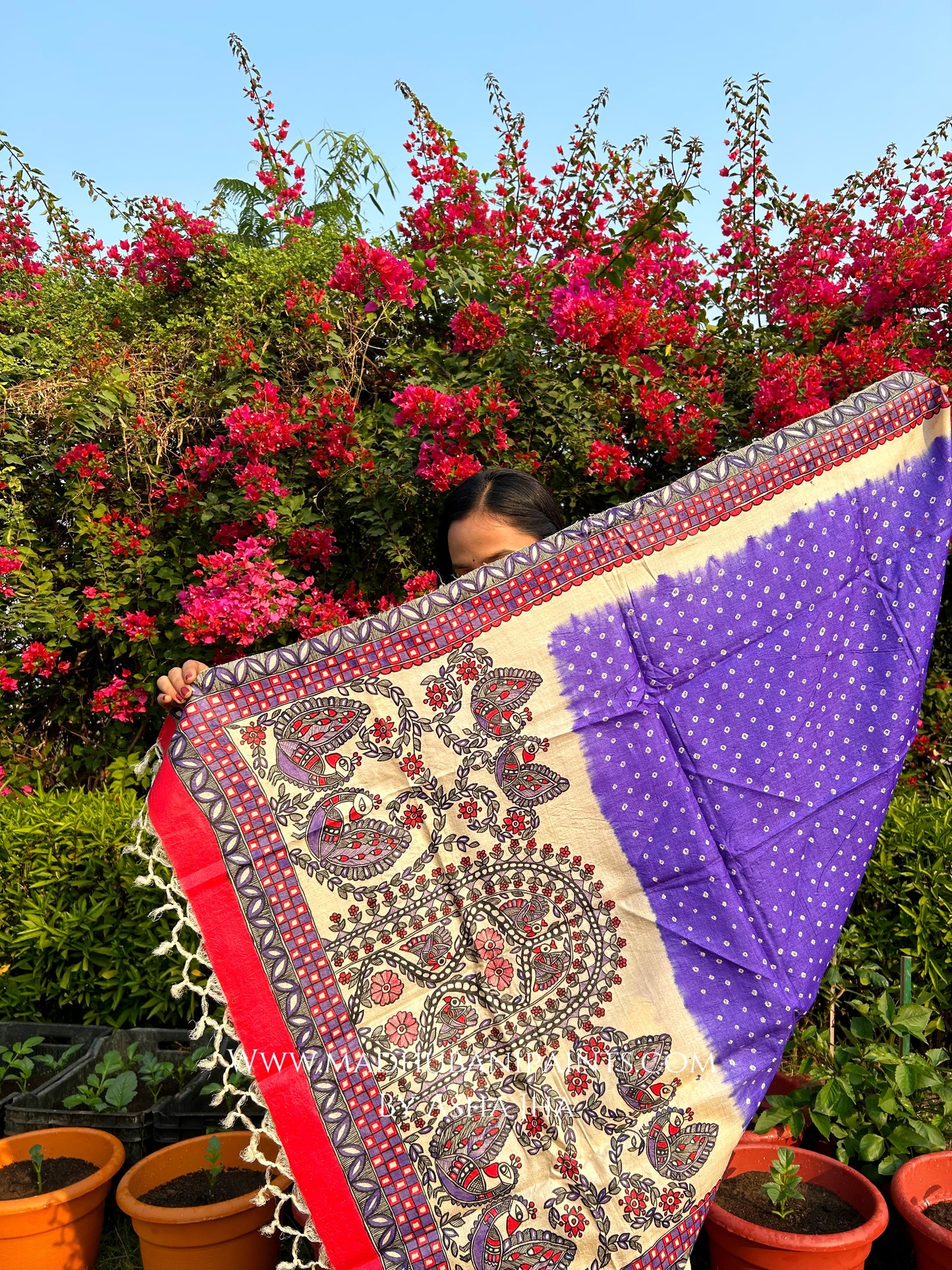 'BANDHINI MAYURI' Handpainted Madhubani Tussar Silk Dupatta