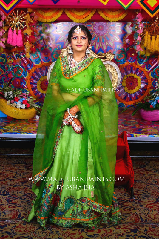 MEHNDI KA RANG Hand-painted Madhubani Lehnga