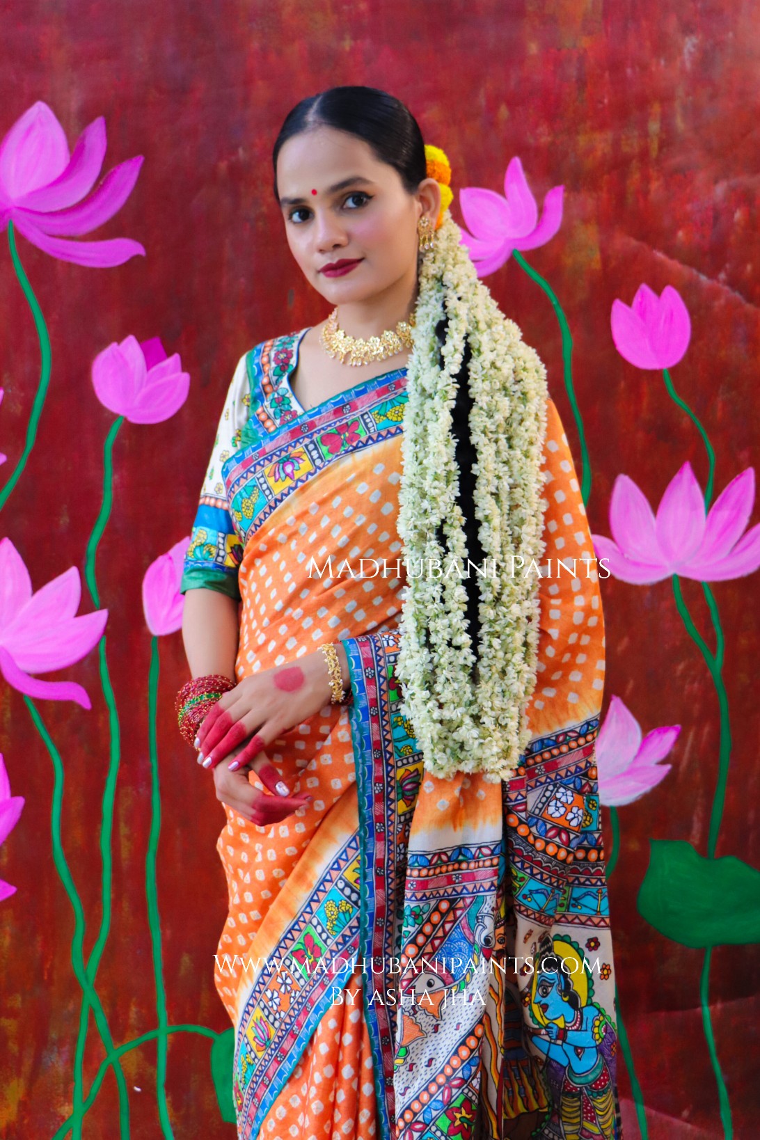 "BHARAT KA DUSSEHRA" Handpainted Madhubani Bandhini Tussar Silk Saree Blouse set