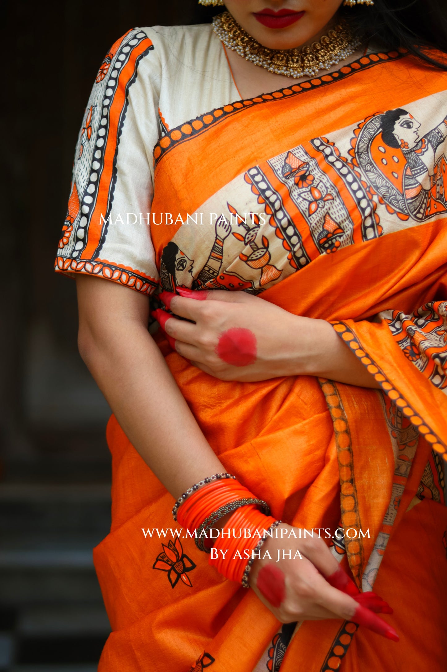 KESARIYA NAINTARA Handpainted Tussar Silk Madhubani Saree Blouse Set