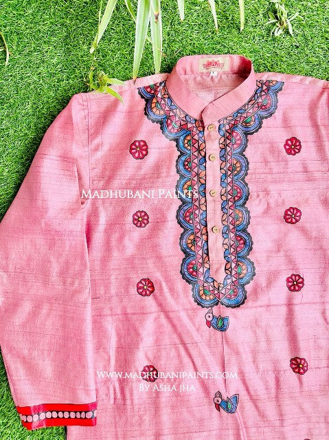 Pink Mithila Flowers Hand-painted Madhubani Men's Tussar Silk Kurta