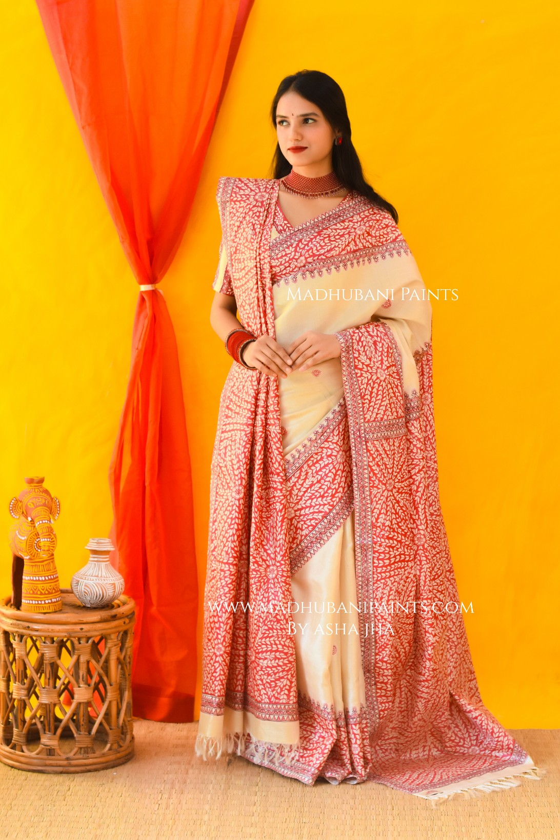 Laal Patta Handpainted Tussar Silk Saree