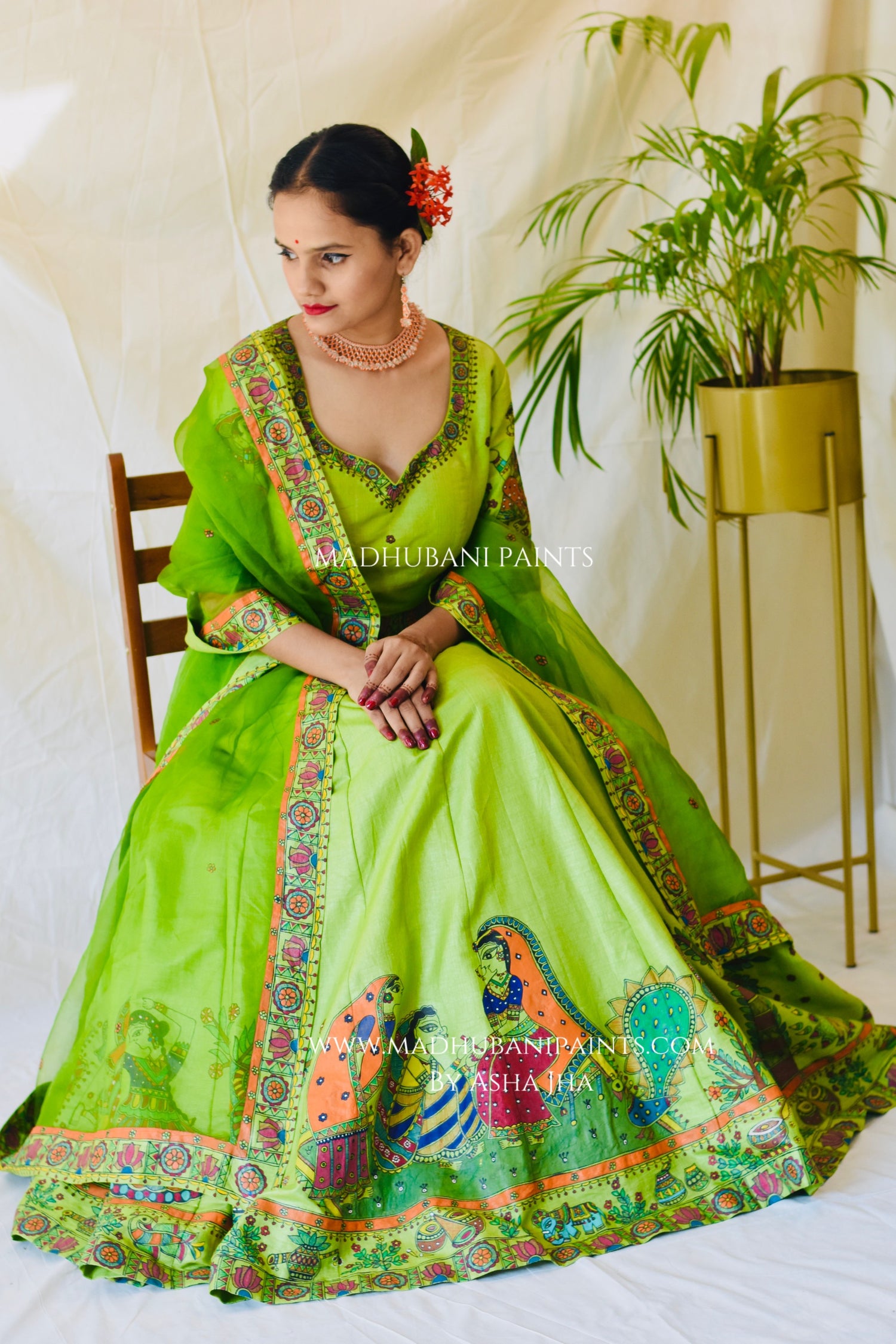 MEHNDI KA RANG Hand-painted Madhubani Lehnga
