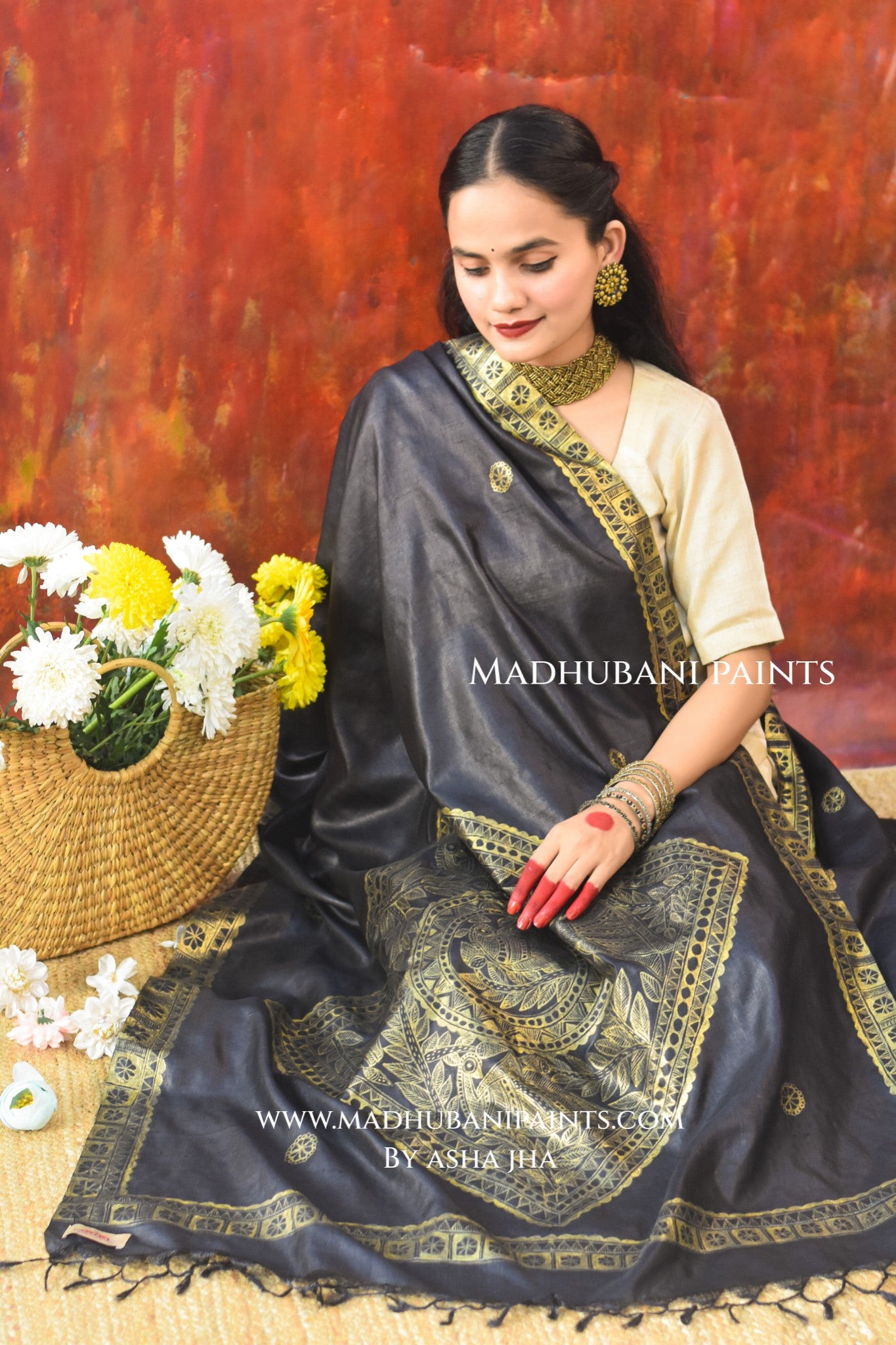 Beige - Handpainted Madhubani Handloom Tussar Cotton Dupatta 04