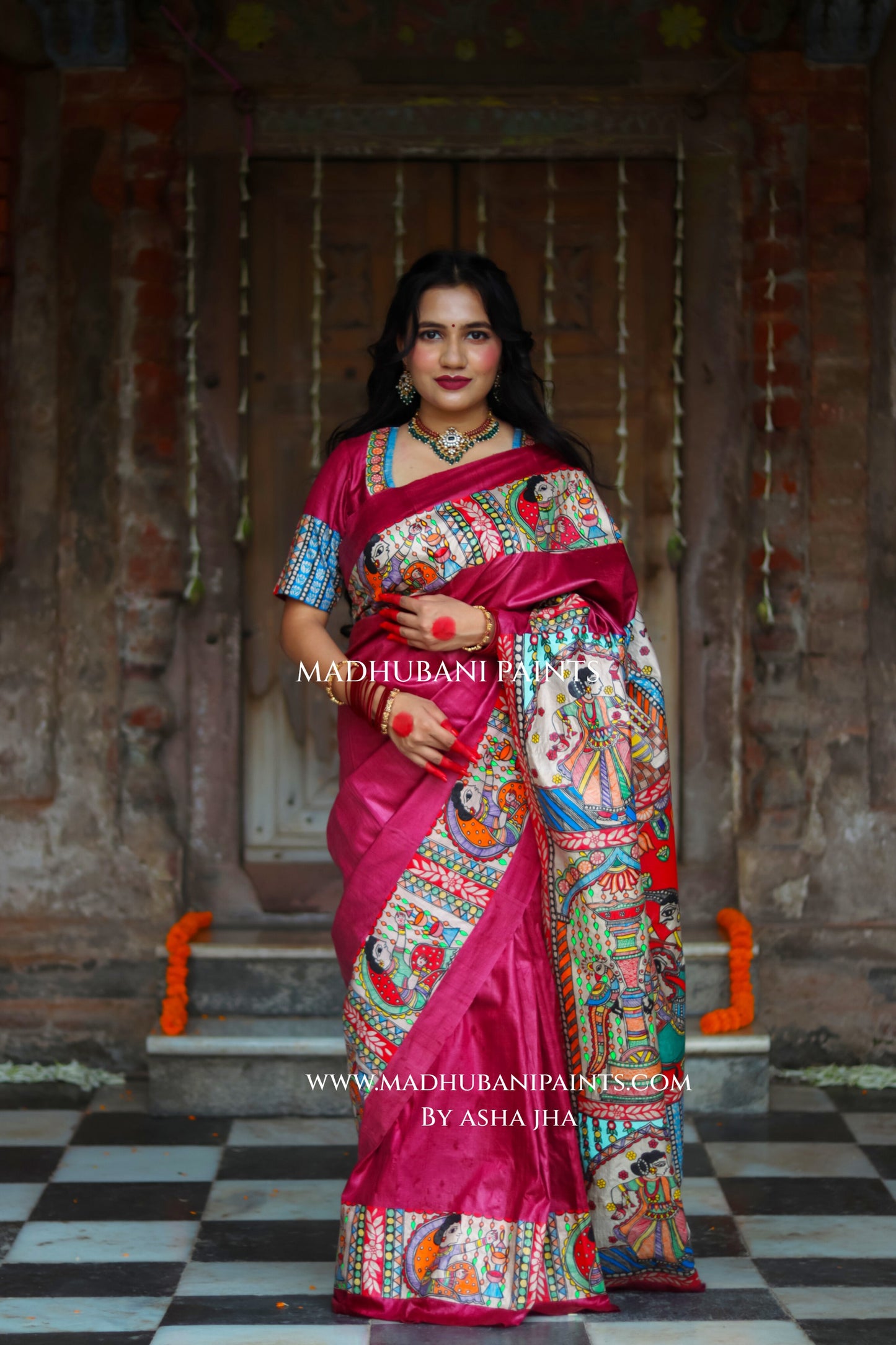 KAMAKHYA Handpainted Tussar Silk Madhubani Saree Blouse Set