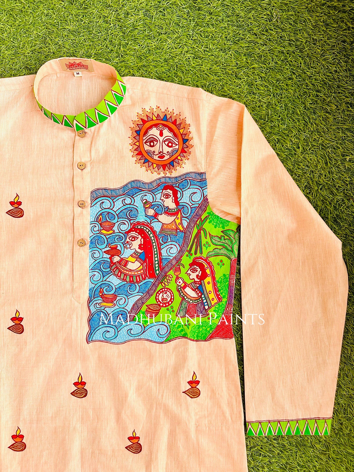 Peach Chhath Puja Hand-painted Madhubani Men's Cotton Kurta