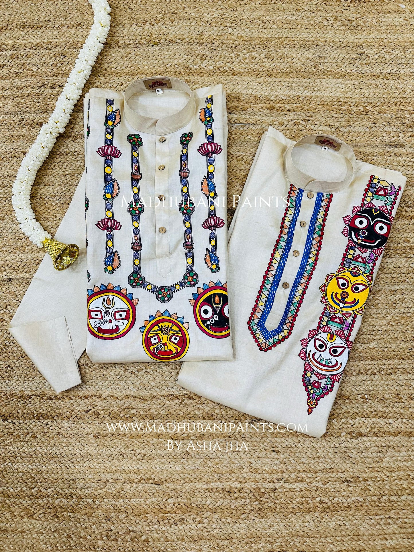 Lord Jagannatha, Subhadra and Balabhadra Hand-painted Madhubani Men's Tussar Silk Kurta