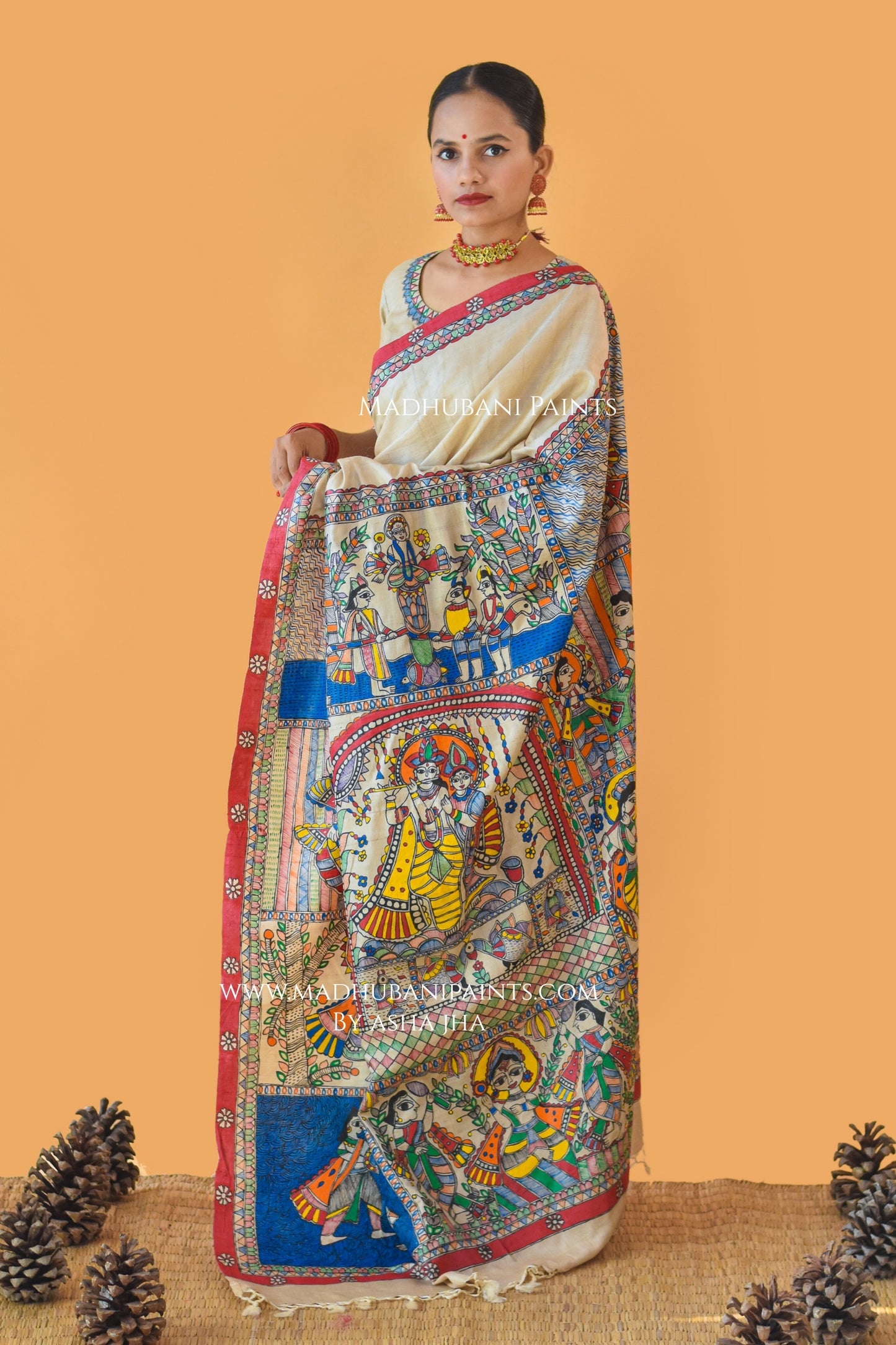 NARAYAN AVATAR Hand-painted Madhubani Tussar Silk Saree Blouse Set