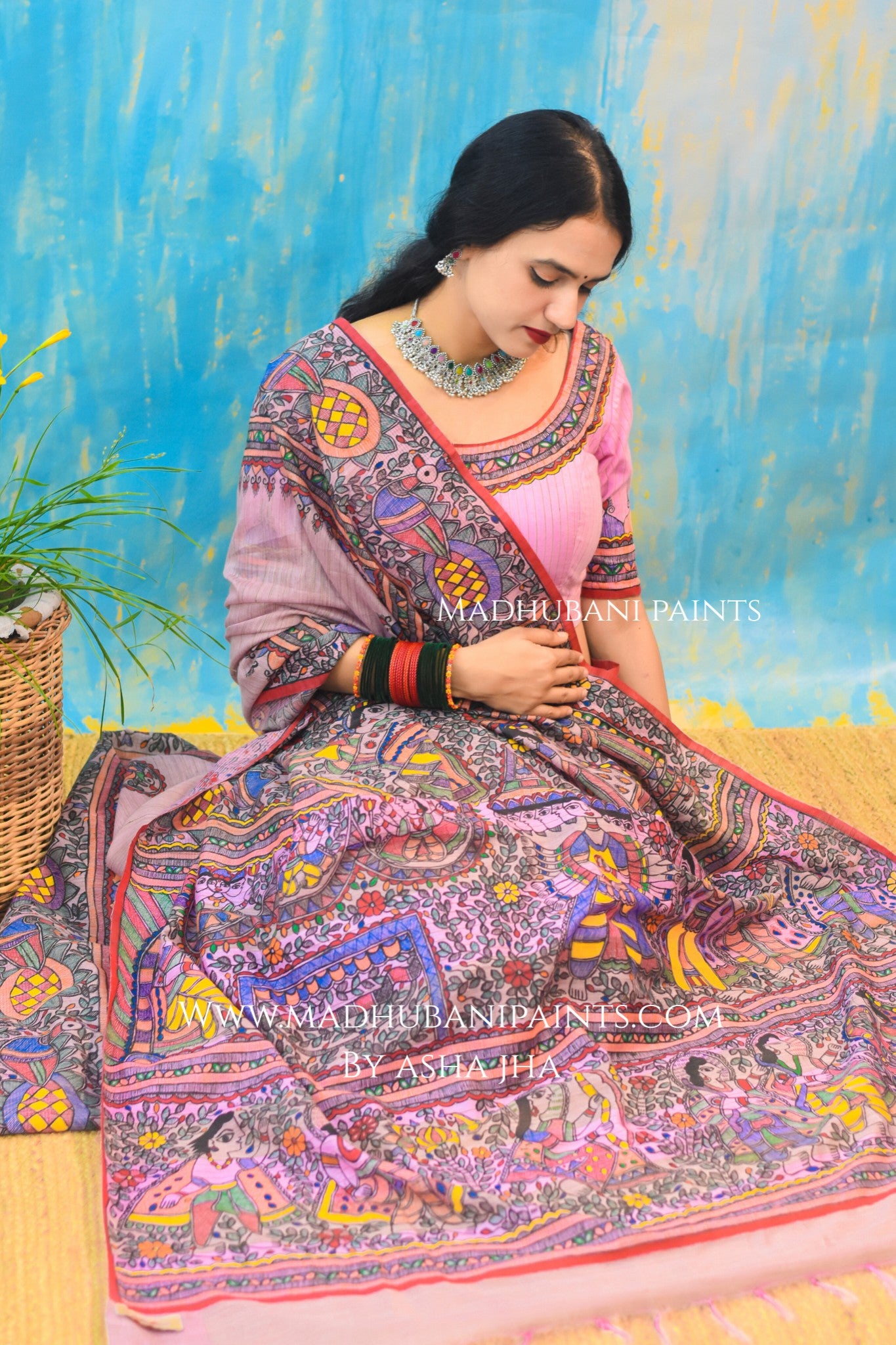 "Gulabi Ramayan" Hand-painted Madhubani Chanderi Saree Blouse Set
