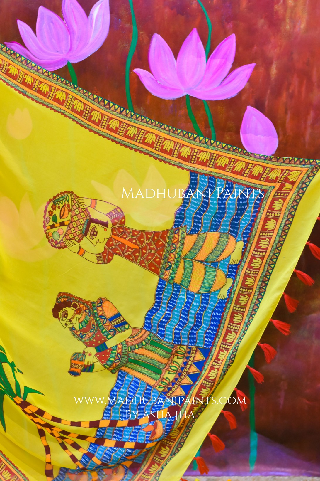 BHAKTI BHAVA Chhath Puja Hand painted Madhubani Georgette Saree