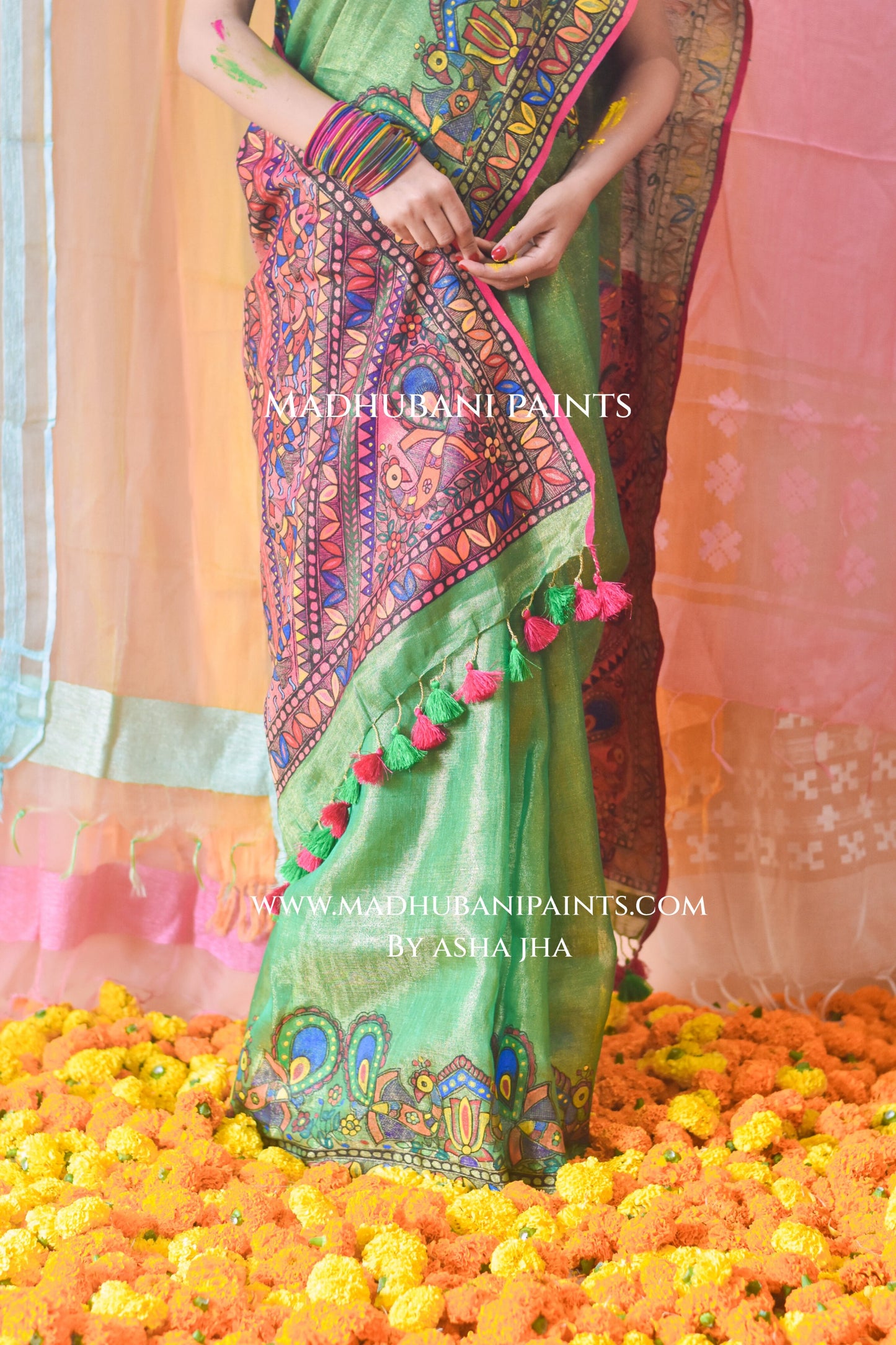 GULAL Hand-painted Madhubani Tissue Linen Saree