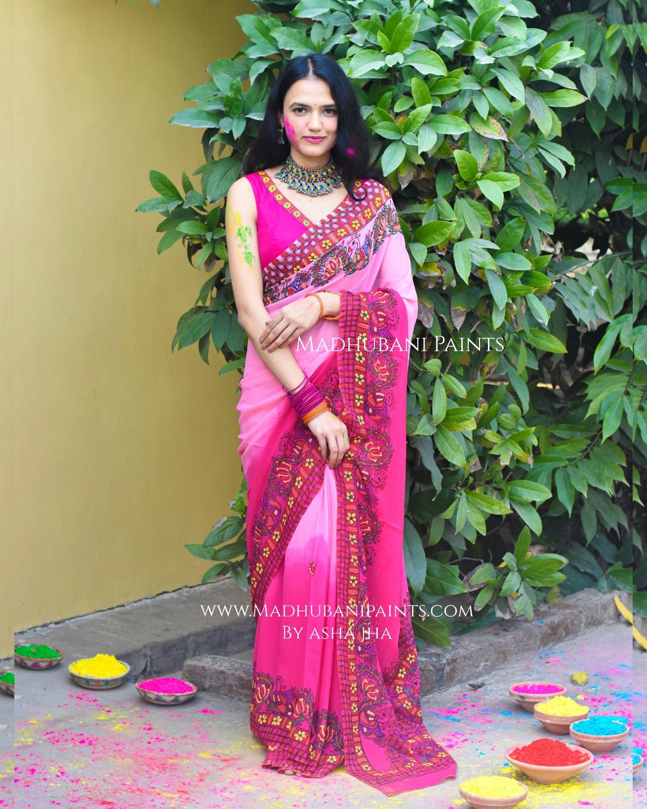 MADNOTSAV Handpainted Madhubani Georgette Saree Blouse Set