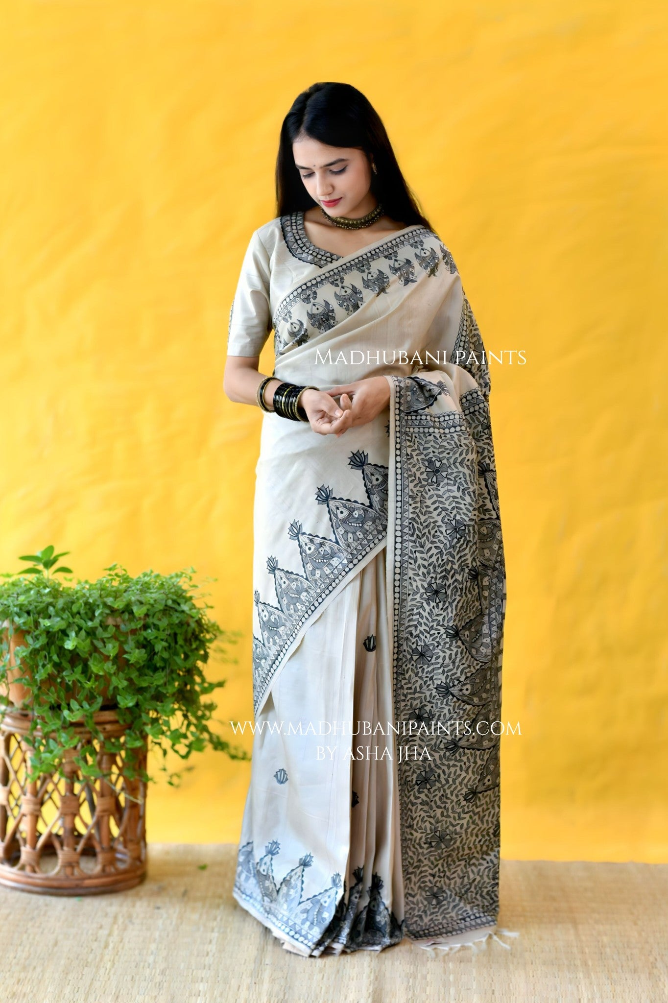 KAMAL MANDALI Hand-painted Madhubani Tussar Silk Saree Blouse Set