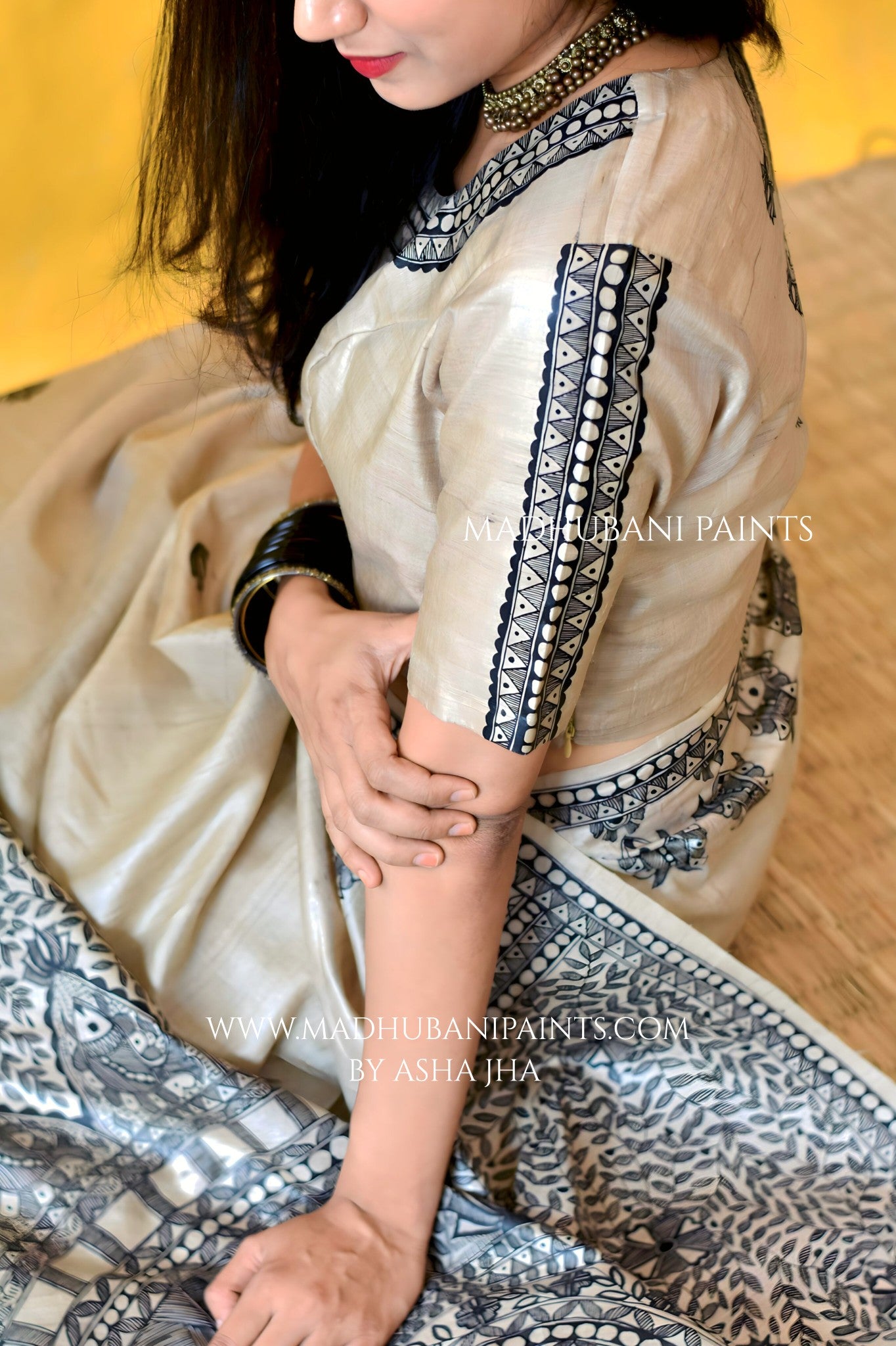 KAMAL MANDALI Hand-painted Madhubani Tussar Silk Saree Blouse Set
