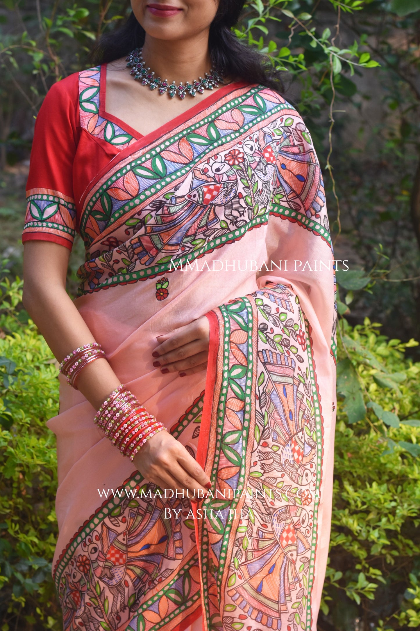 Gulabi Mor Hand-painted Madhubani Chiffon Saree Blouse Set