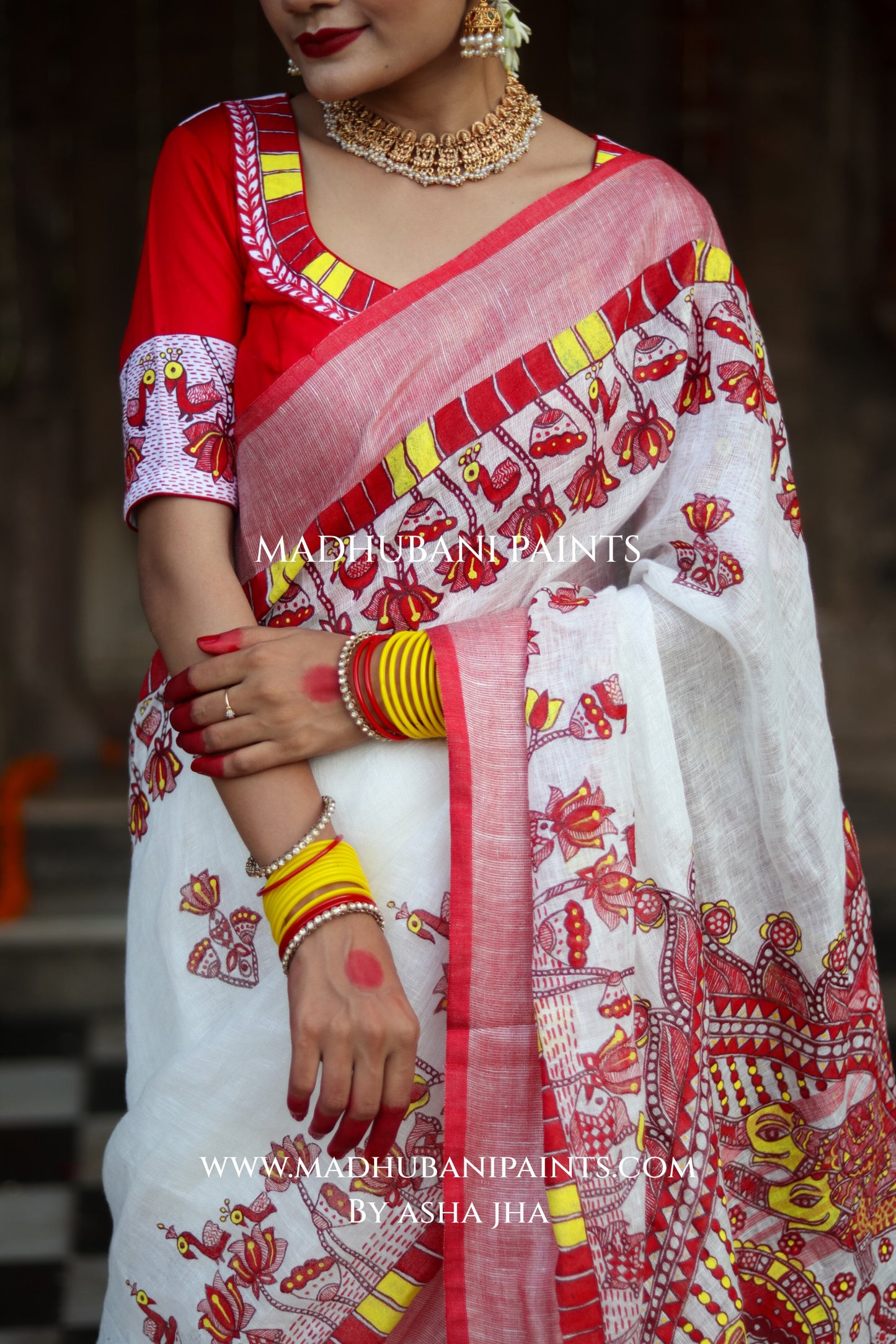KAMLA Handpainted Linen Madhubani Saree Blouse Set