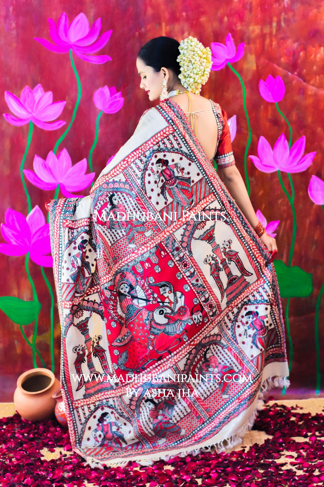 "JAYSHREE" Handpainted Madhubani Tussar Silk saree blouse set