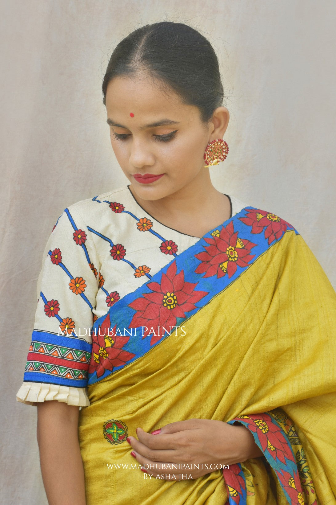GAJANAND MATSYA' Hand Painted Madhubani Tussar Silk Saree Blouse Set
