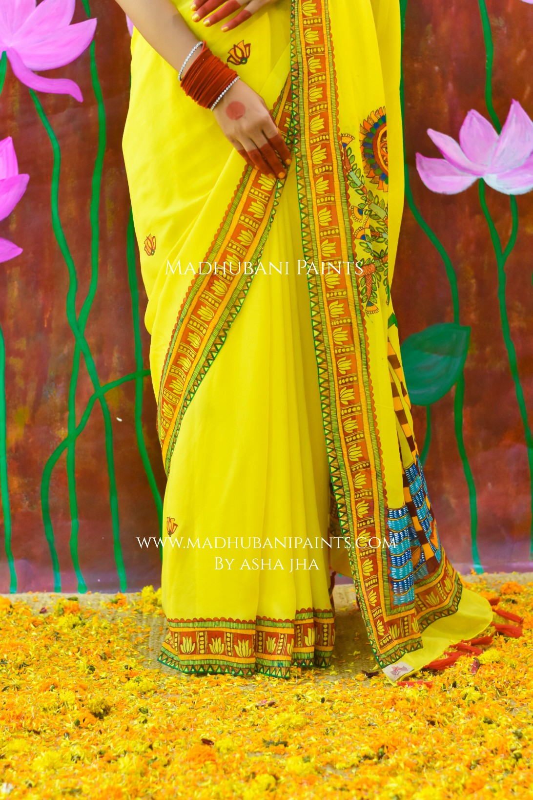 BHAKTI BHAVA Chhath Puja Hand painted Madhubani Georgette Saree