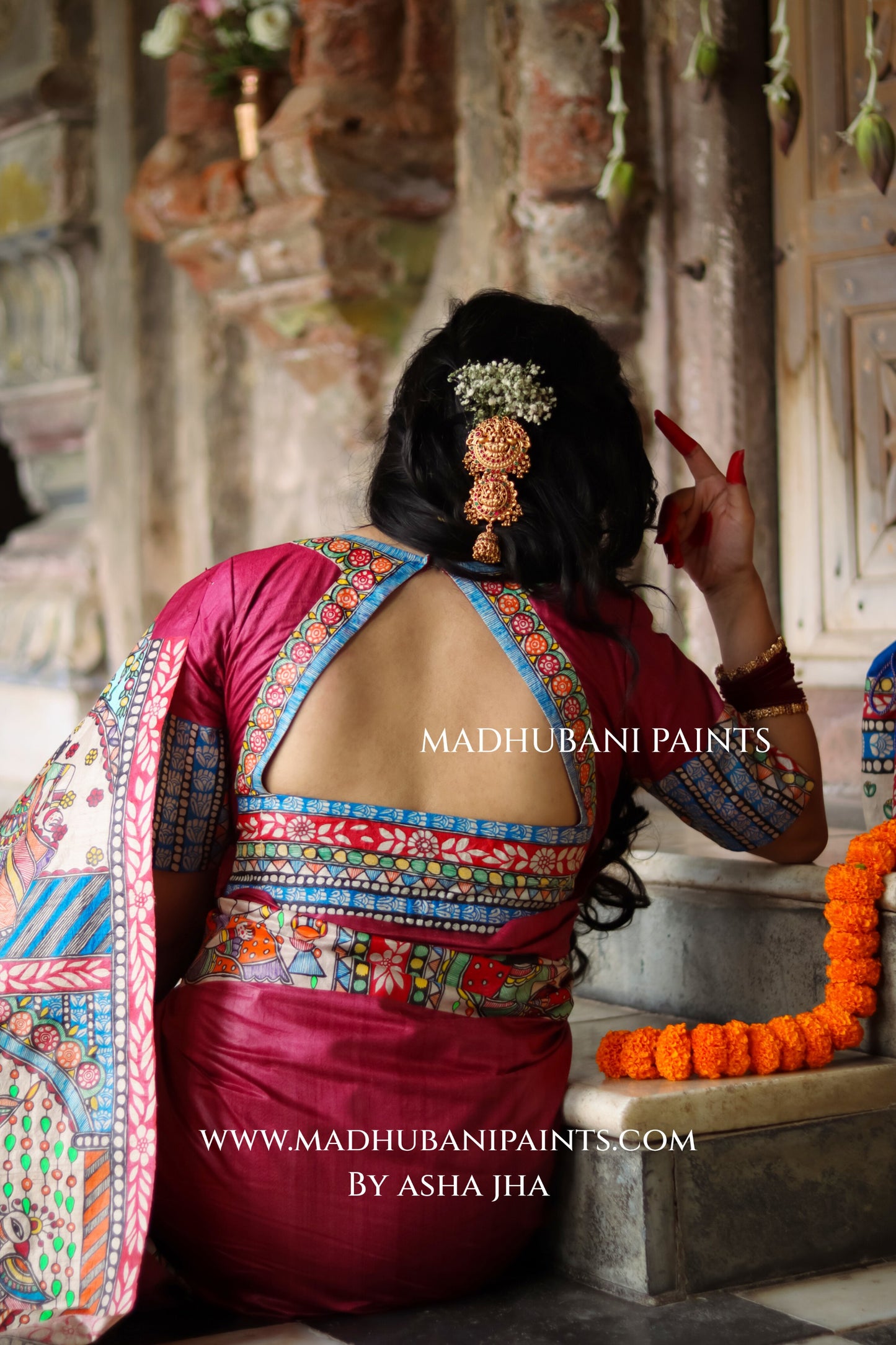 KAMAKHYA Handpainted Tussar Silk Madhubani Saree Blouse Set